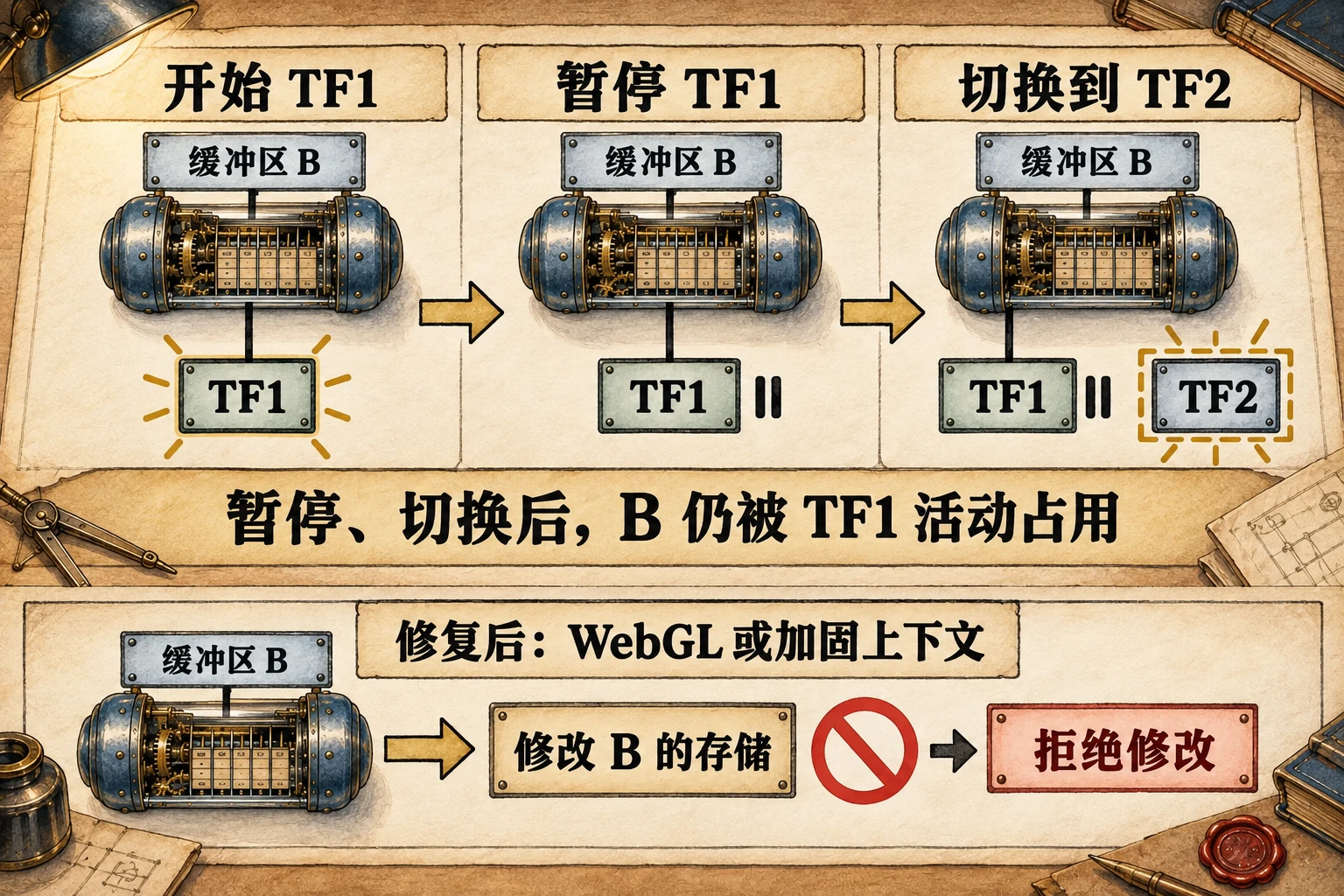 状态变化示意:TF1 开始、暂停、切换到 TF2 后始终连接同一缓冲区 B;修复后的 WebGL 或加固上下文拒绝修改仍被活动 TF1 使用的 B