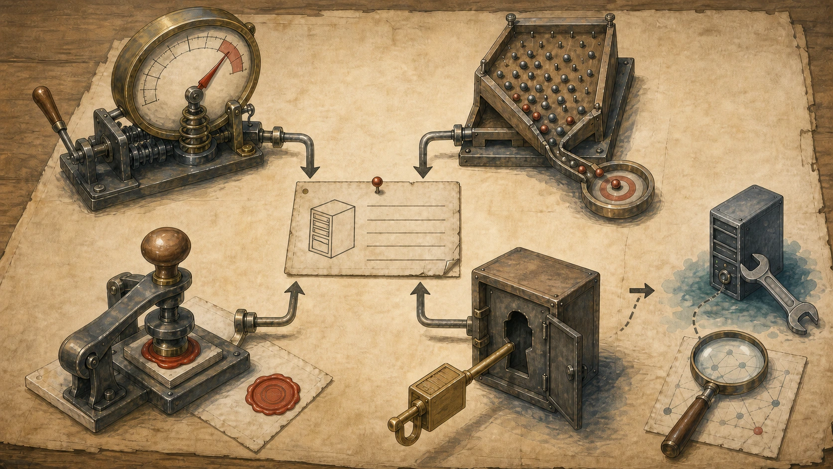 The same vulnerability card passes through an independent severity gauge, exploitation-probability ball tray, known-exploitation seal, and asset-inventory key; only a match to a real product and version reaches repair and compromise review on the right