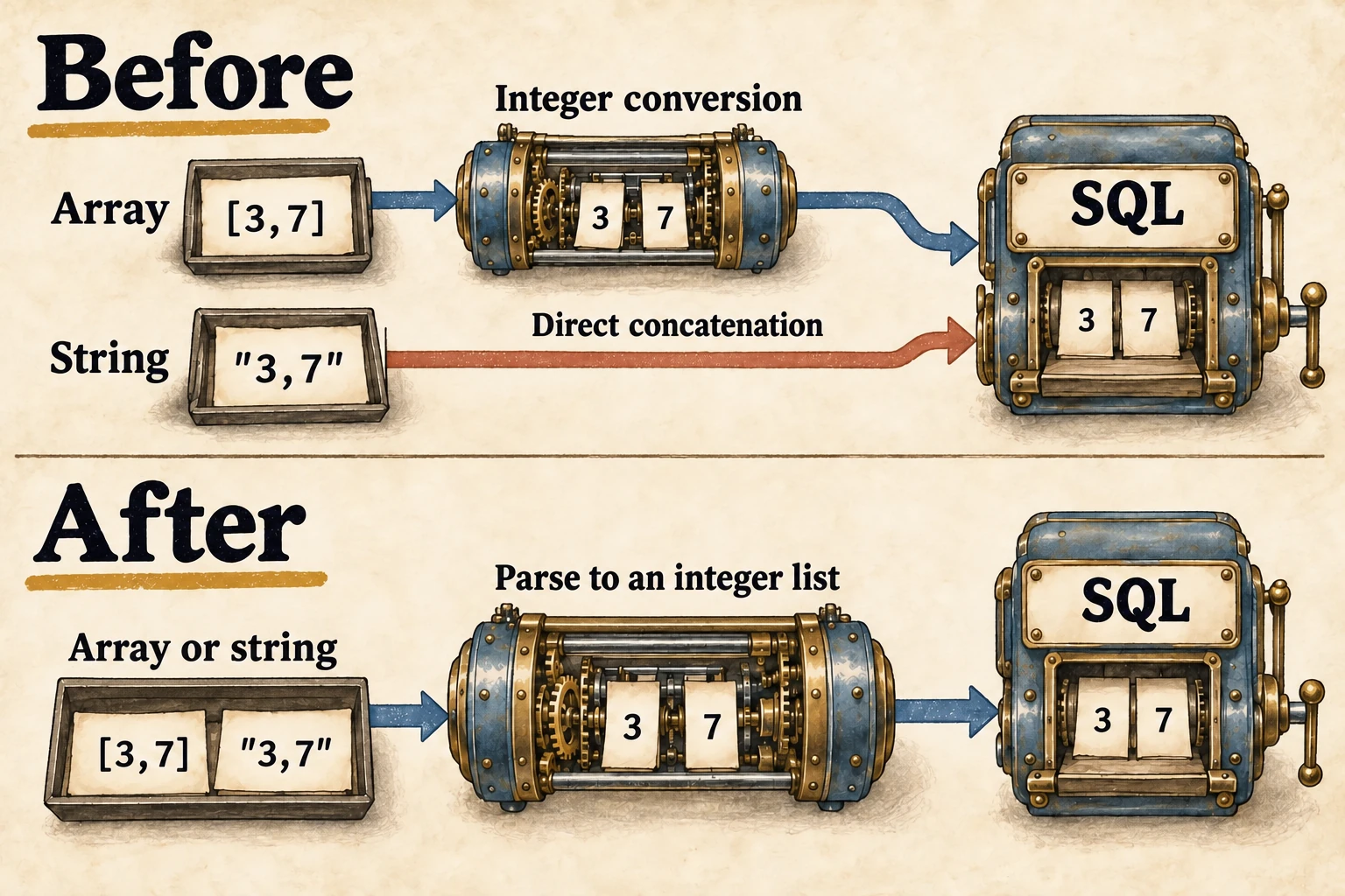 Parameter paths: the old code converts array members to integers while a string goes directly to SQL construction; the fix parses both forms to an integer list
