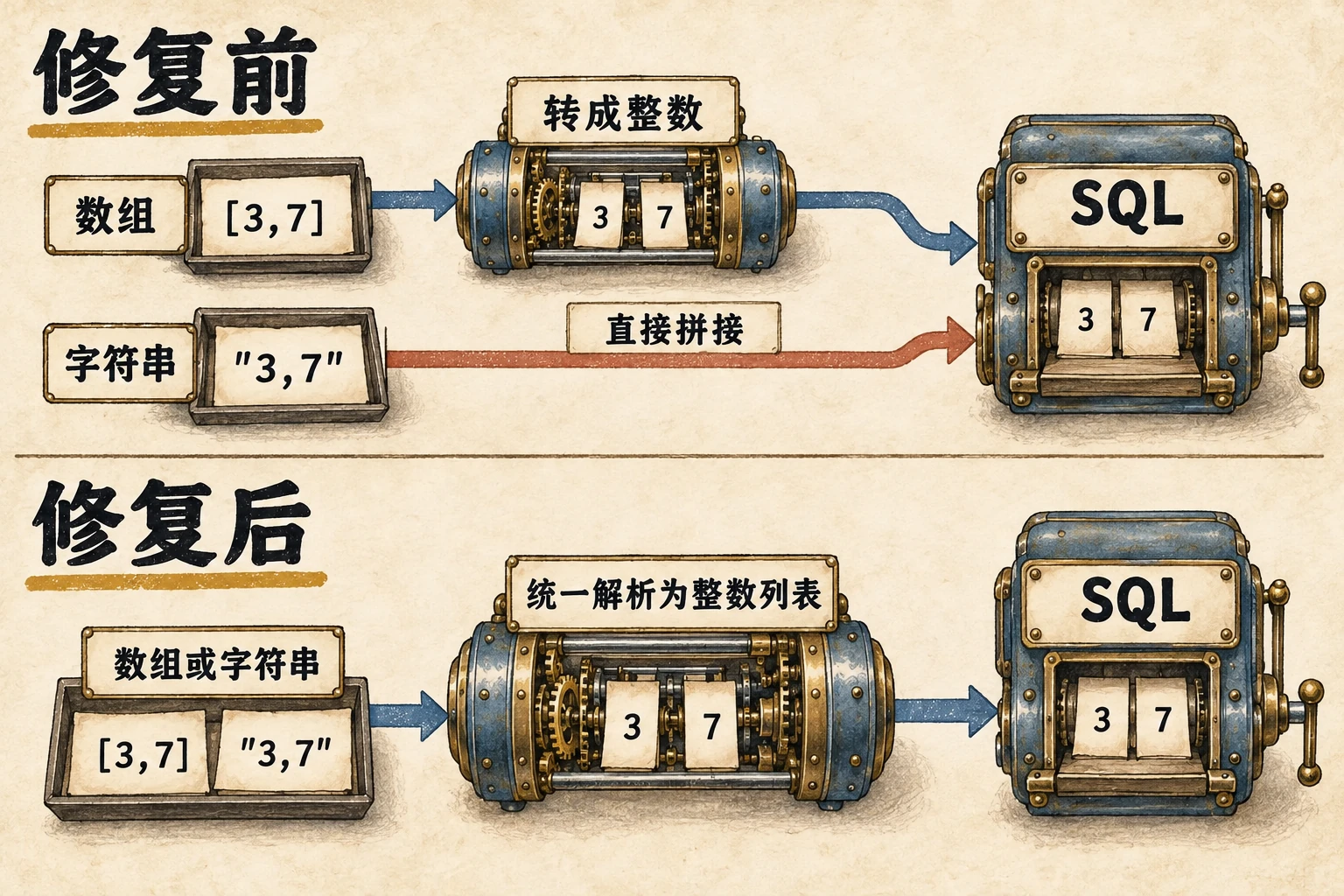 参数路径示意:旧代码只对数组进行整数转换,字符串直接进入 SQL 拼接;修复后两类输入统一解析为整数列表