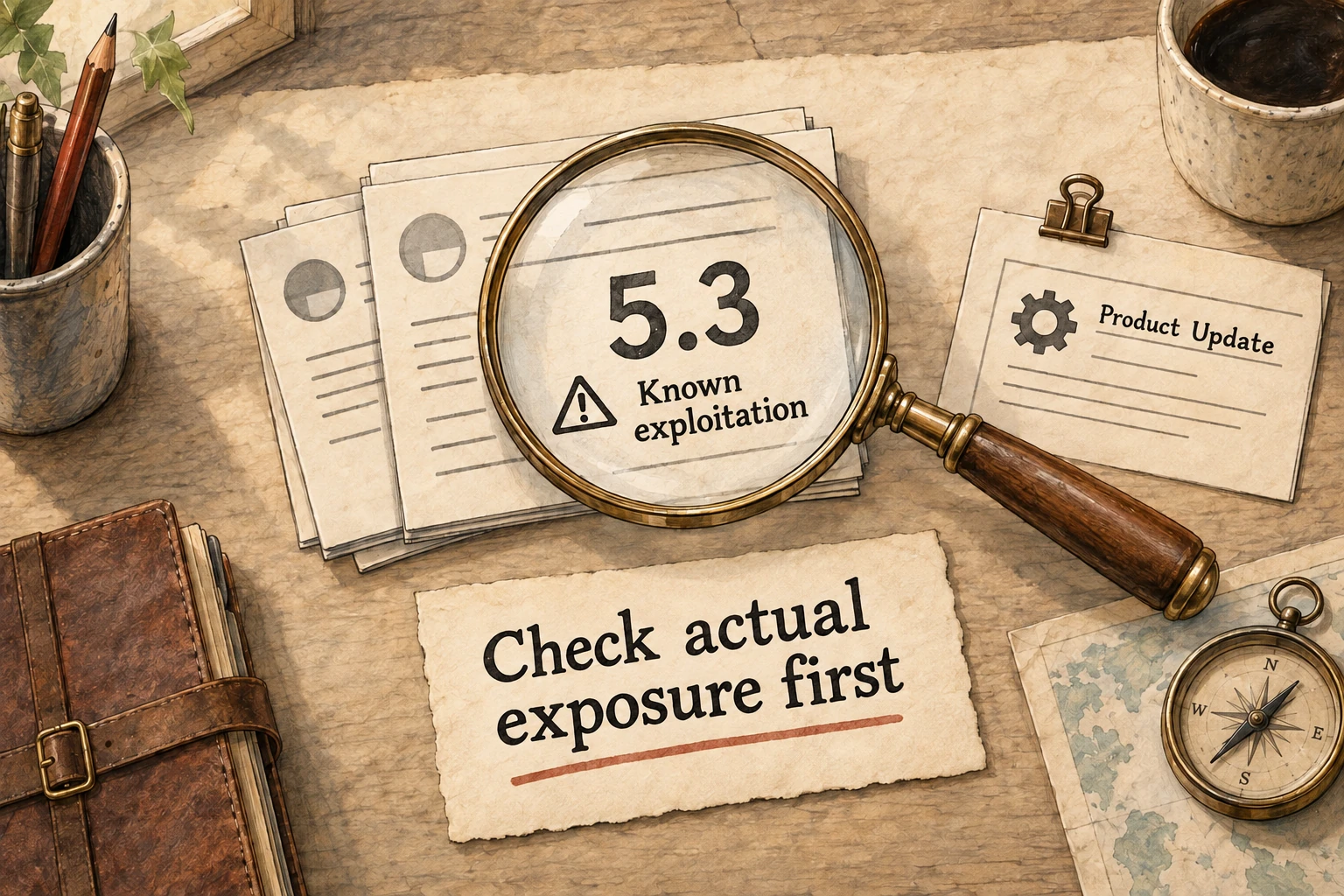 A vulnerability record on pale parchment carries a score of 5.3 and known exploitation, beside a reminder to check actual exposure first