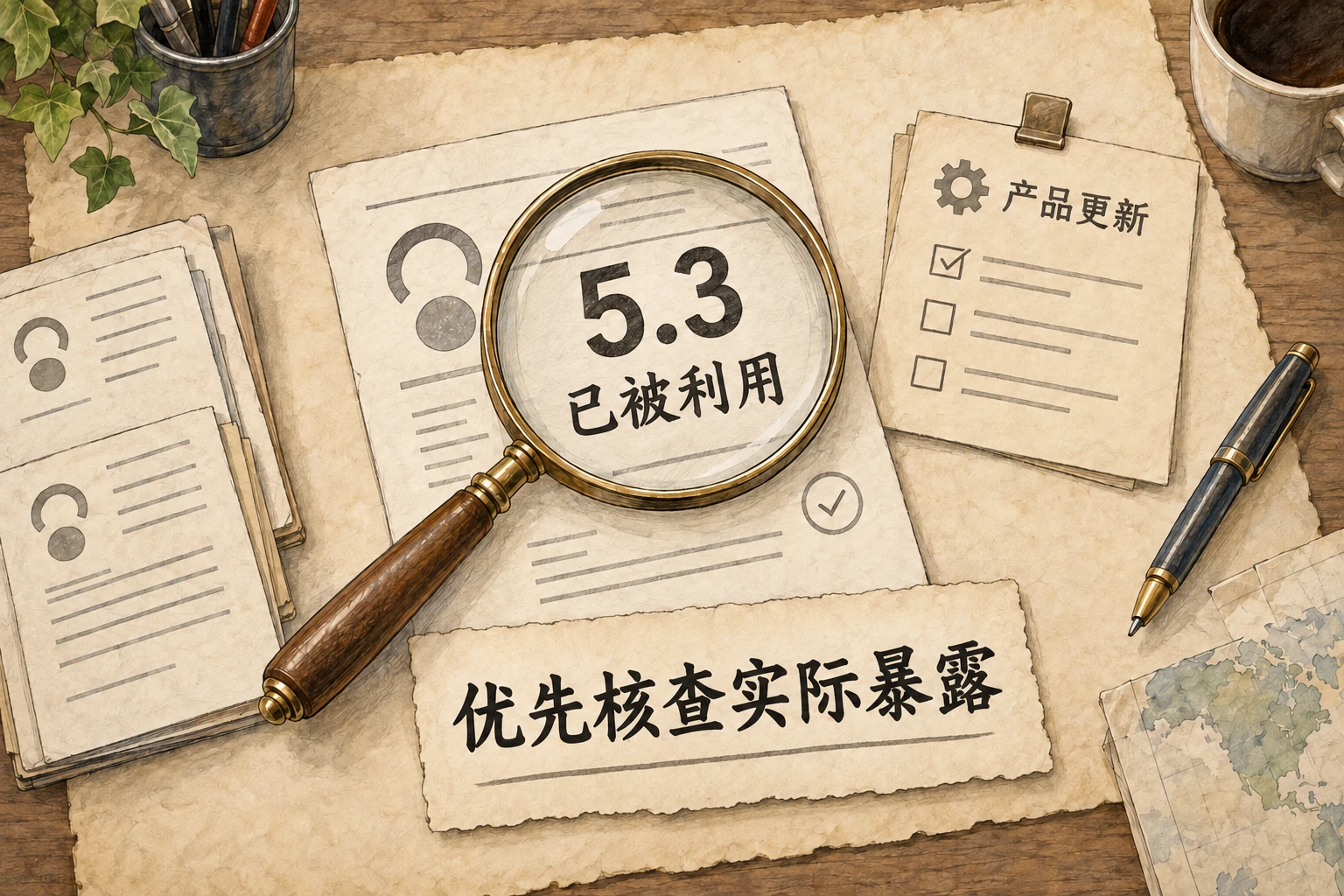 浅色羊皮纸上的漏洞记录标着 5.3 分和已被利用,放大镜旁提示优先核查实际暴露