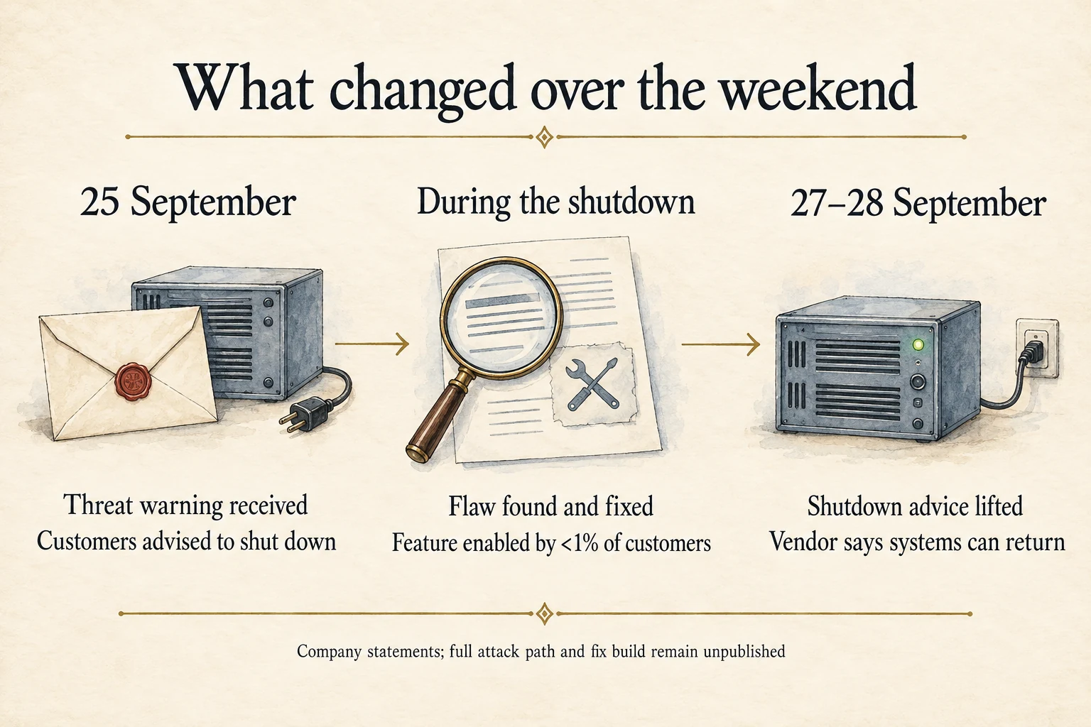 A threat warning and shutdown advice on 25 September, discovery and repair during the shutdown, then restoration advice on 27–28 September; fewer than 1% refers to feature enablement.