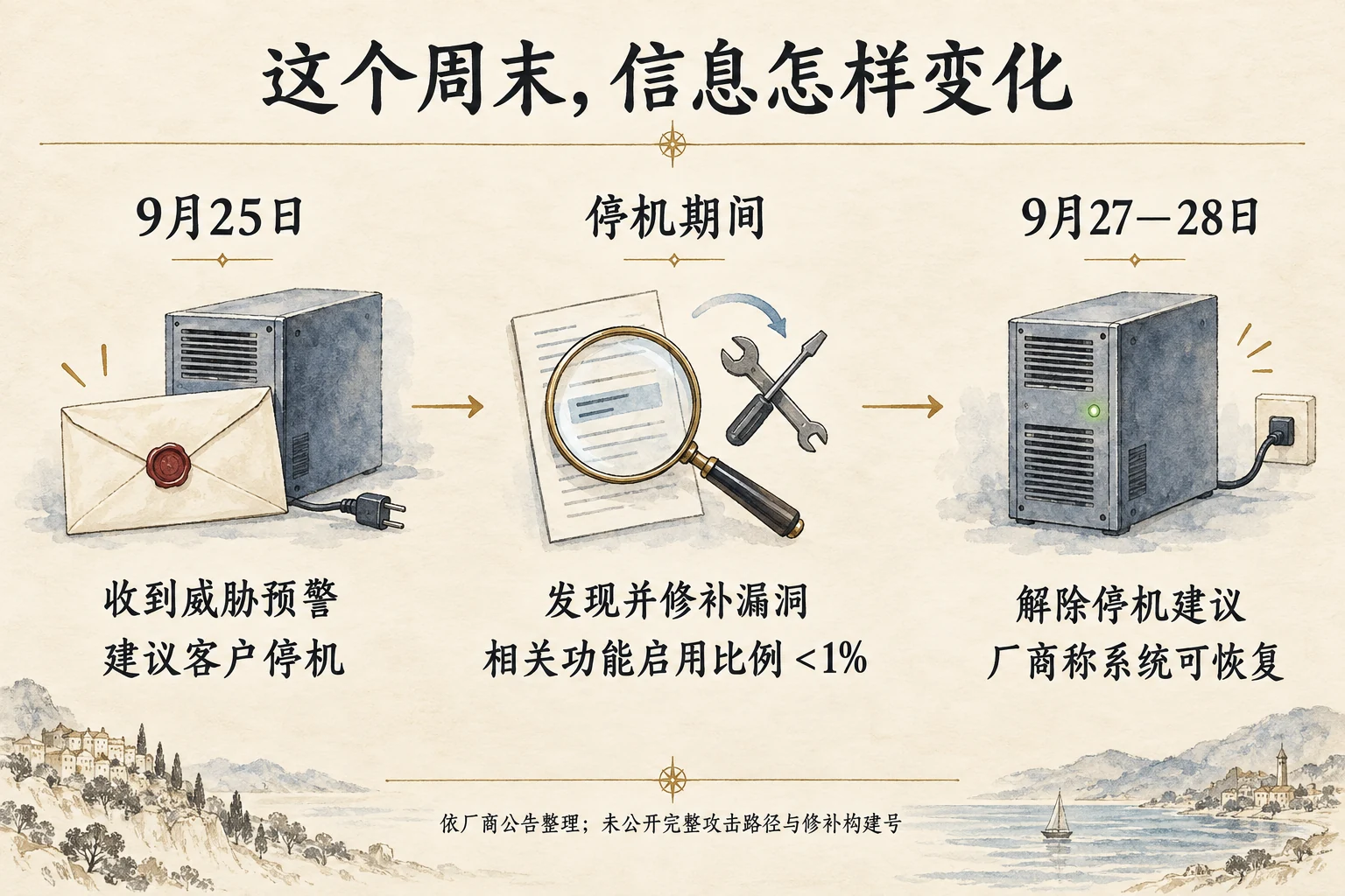 9 月 25 日收到威胁预警并建议停机,停机期间发现并修补漏洞,9 月 27 至 28 日解除建议并宣布可以恢复;少于 1% 描述相关功能的启用比例。