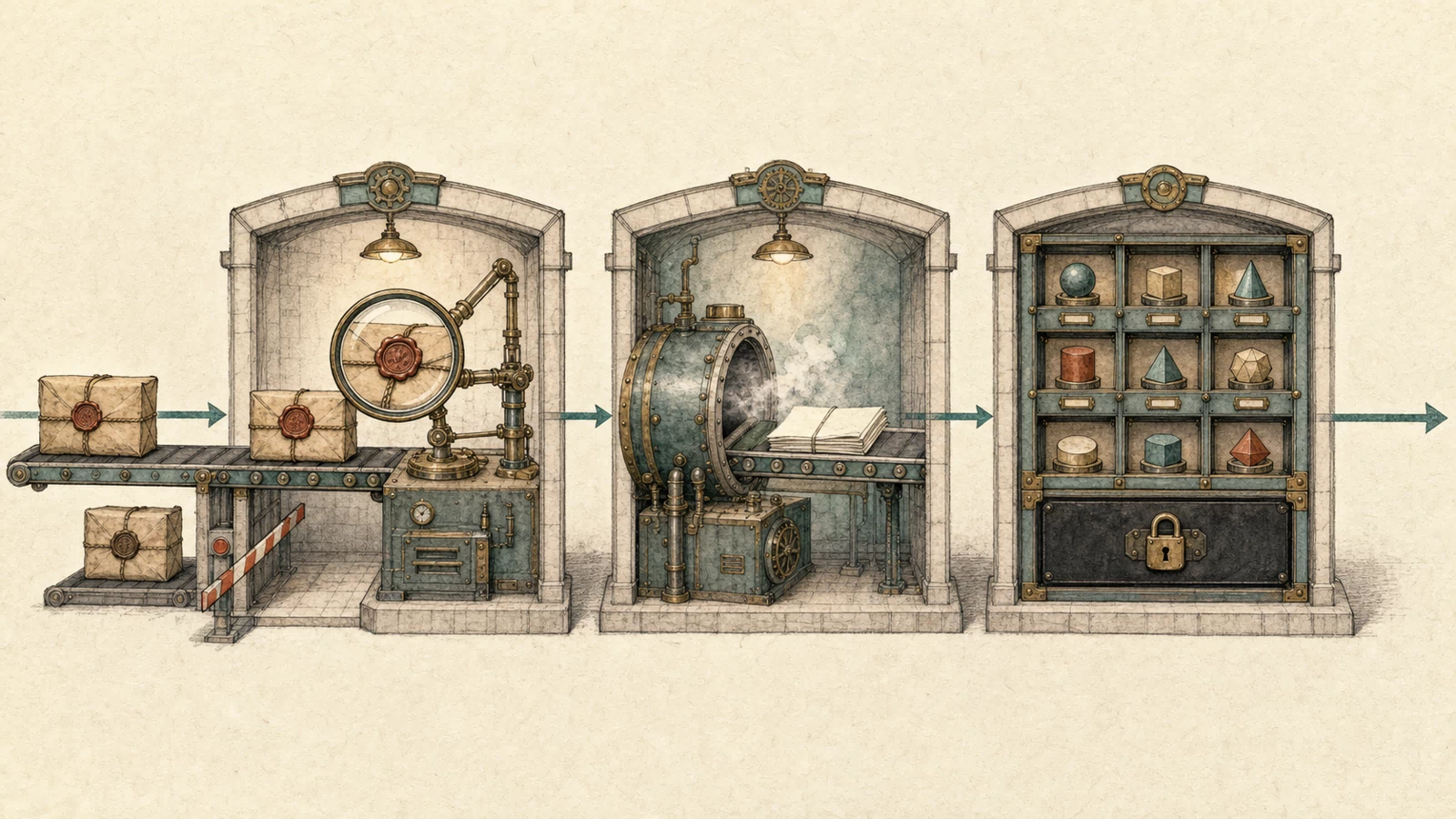 A sealed parcel either stops at the authentication barrier or passes through an integrity lens and decryption chamber before a cabinet of many object shapes is opened.