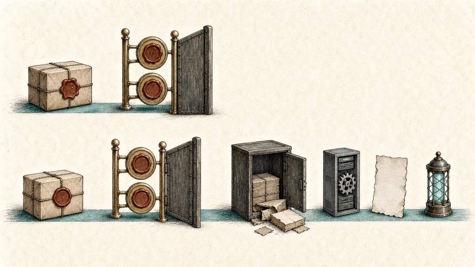 The upper sealed parcel stops at a two-seal gate, while the lower parcel passes the gate and continues to an opened archive, worker server, damaged document, and forensic lamp.