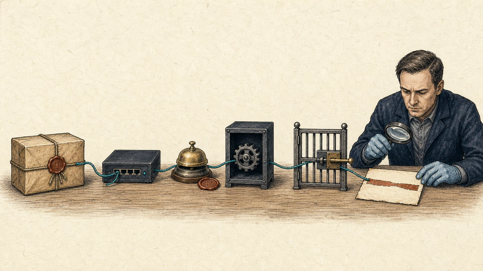 A forensic examiner follows one continuous cord from a sealed state parcel through network equipment, an event bell, a worker-process cabinet, an access gate, and a stained application file.