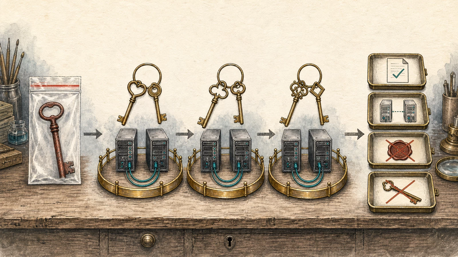 The old shared key is sealed in an evidence bag, three separately fenced two-node farms receive three distinct key pairs, and verification trays show valid function, peer agreement, old-state rejection, and retired keys.