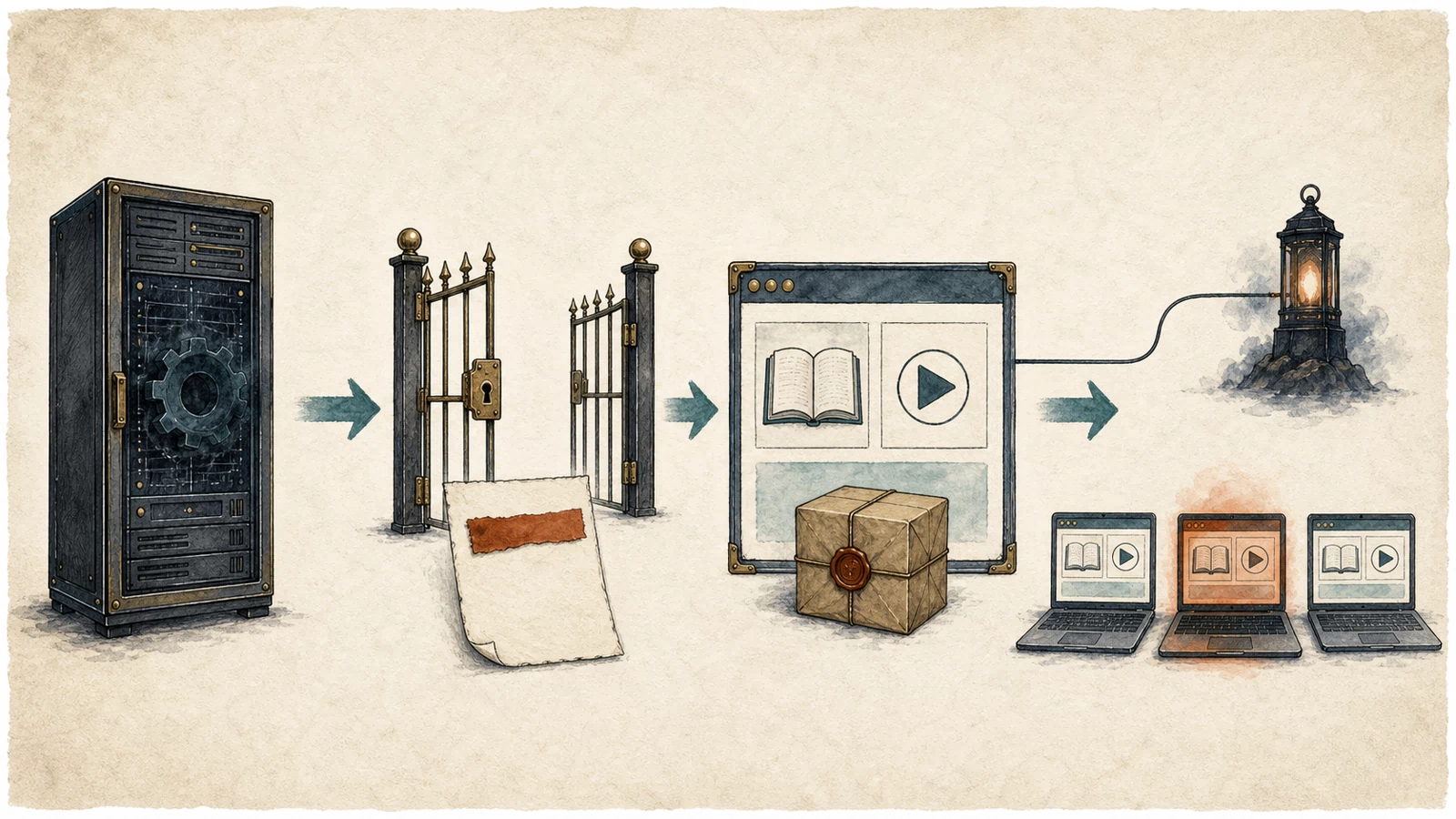 A compromised server passes a changed application asset through a portal to three learner laptops, one of which shows a warning-colored page, while an external remote resource remains connected to the delivery path.