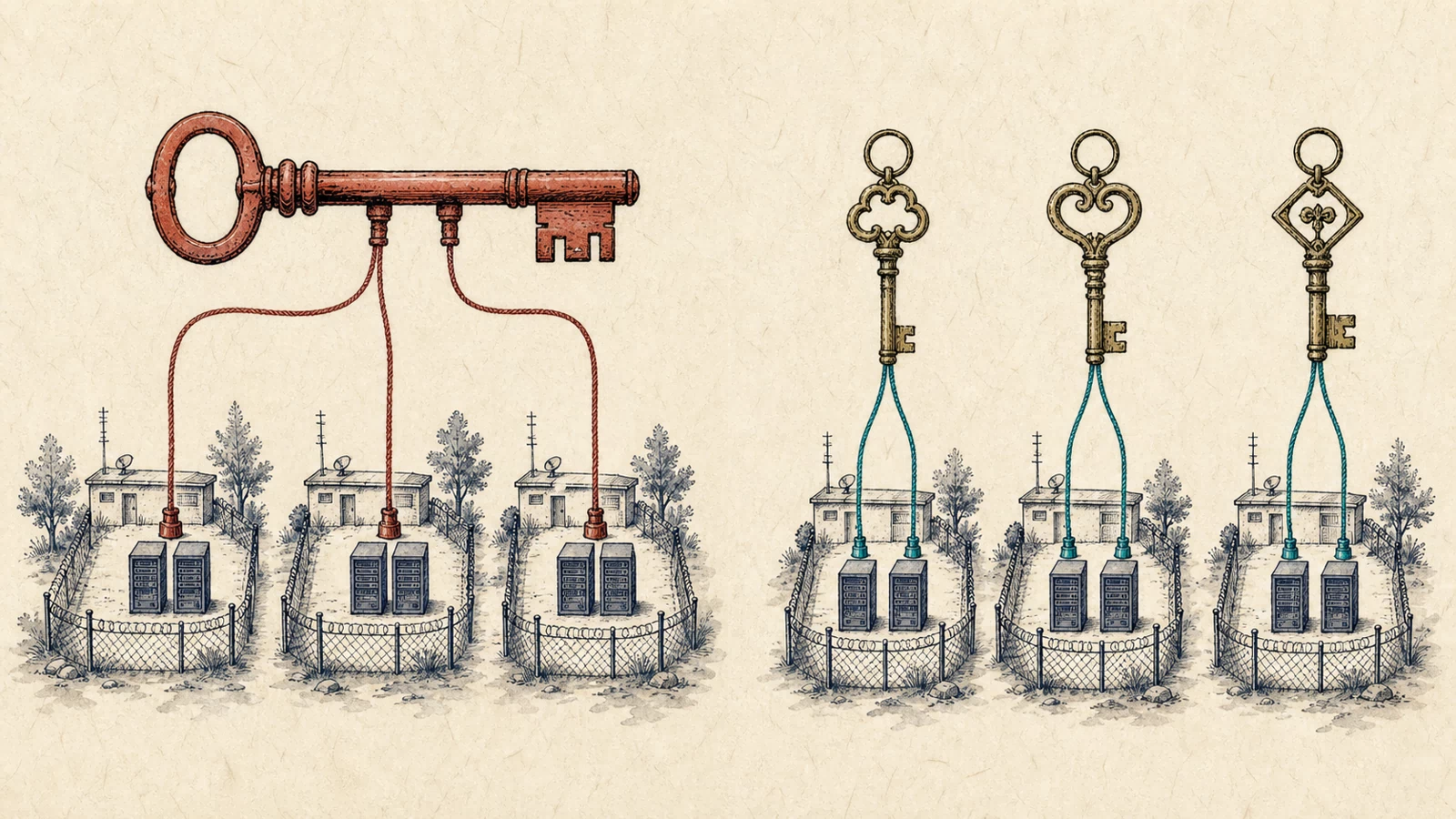 One large red key feeds three separately fenced two-node server farms, while the corrected side gives each farm its own differently shaped key.