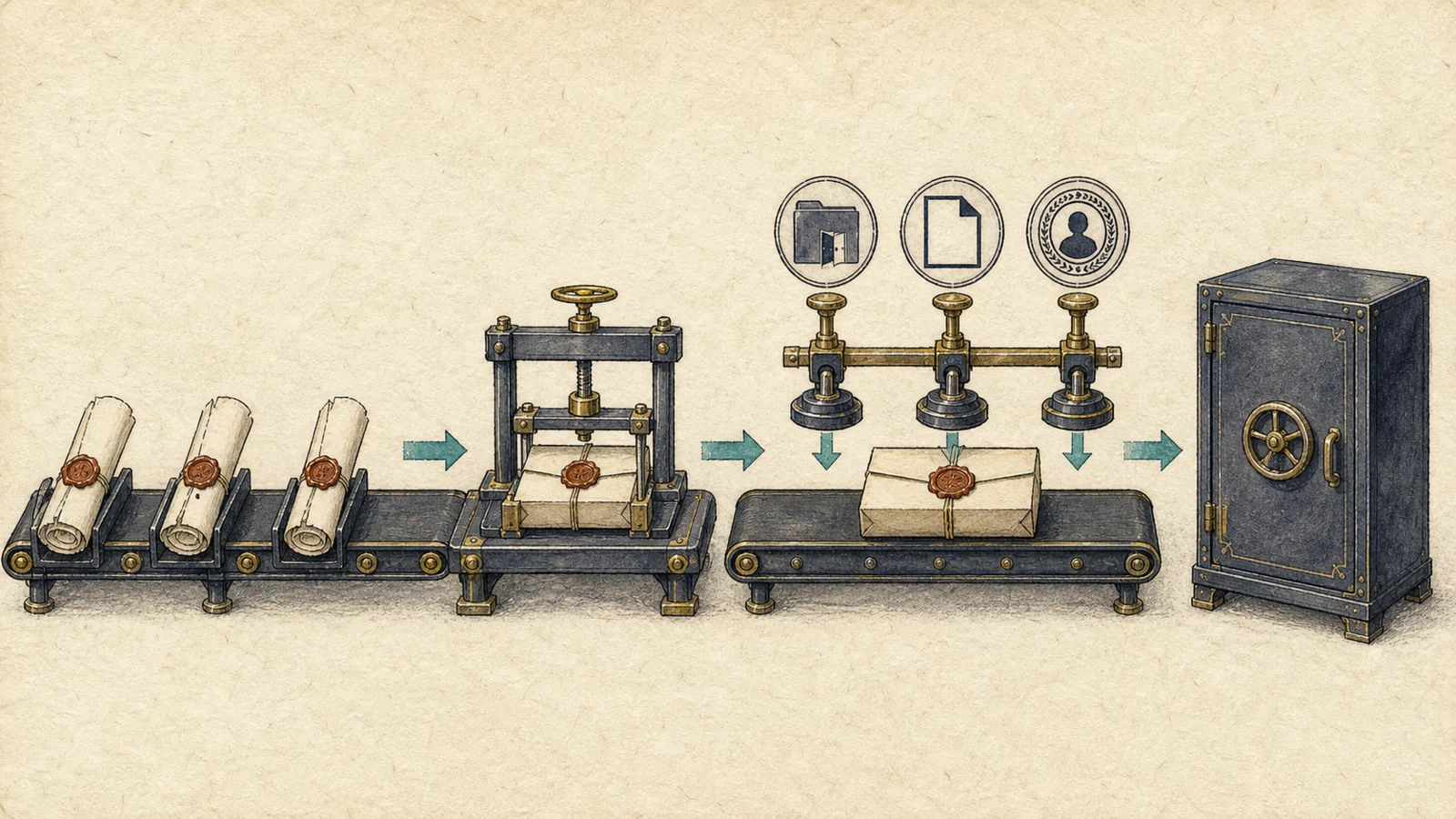 Several sealed state scrolls are combined into one parcel, pressed with a seal, checked against directory, page, and user-context stamps, and passed toward a locked formatter vault.