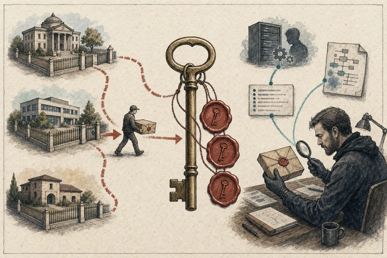 Three separately fenced institutions send sealed state toward one oversized shared key while an investigator traces that trust through a server and configuration evidence.