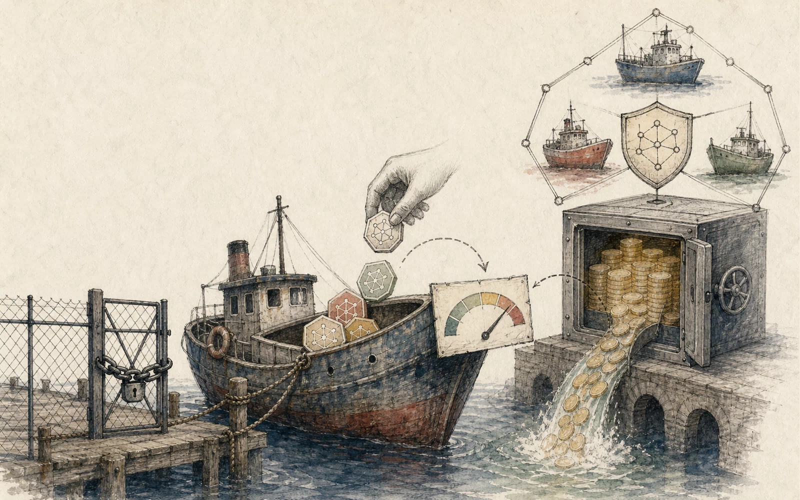 At a dockside vault, a hand drops tokens beside a rising gauge while a waterfall of coins pours past a locked gate toward a waiting boat, with other boats offshore.