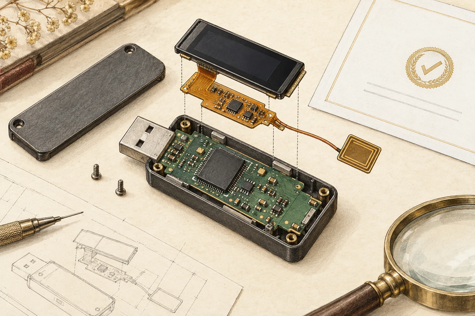 Warm-paper conceptual cutaway: the original hardware-wallet board remains in place, with an extra flex circuit and antenna below the screen and a genuineness mark beside it.