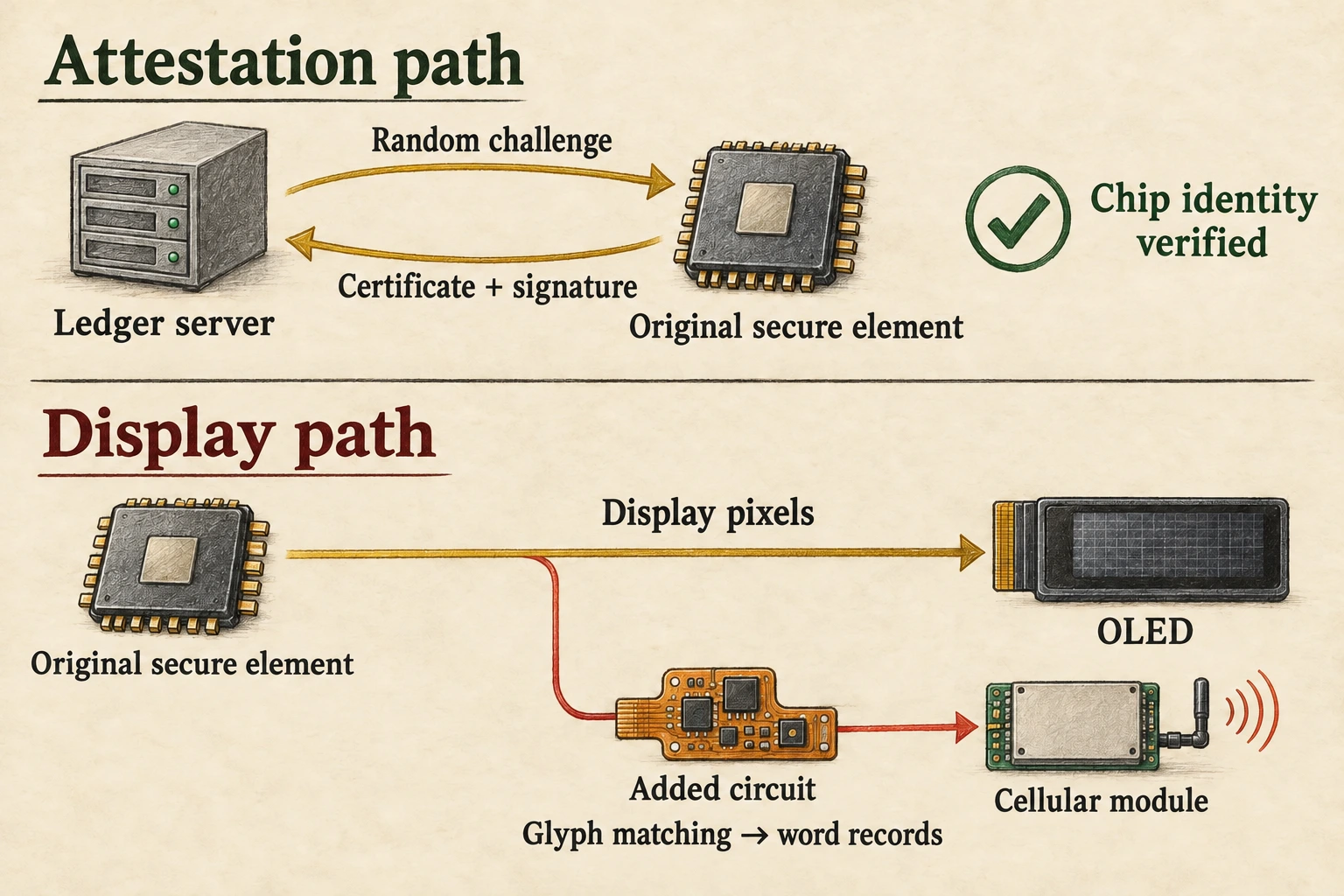 Two paths: the original secure element answers Ledger's genuineness challenge while an added circuit copies display traffic and passes it to a cellular module.