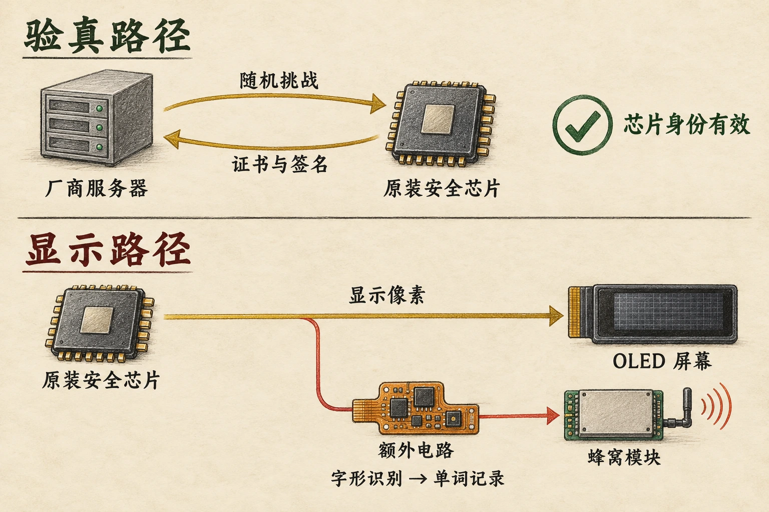 两条路径示意：原装安全芯片回答厂商验真。显示数据通往屏幕时，被旁接的植入电路复制并交给蜂窝模块。