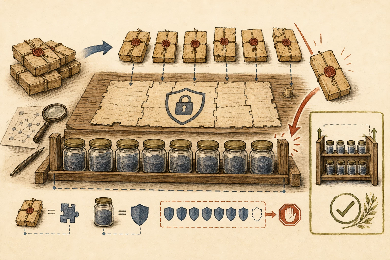 A warm hand-drawn IKEv2 reassembly bench where sealed fragment parcels fill every digest slot, the former end stop rejects the last valid parcel, and the repaired rack accepts the complete protected set.
