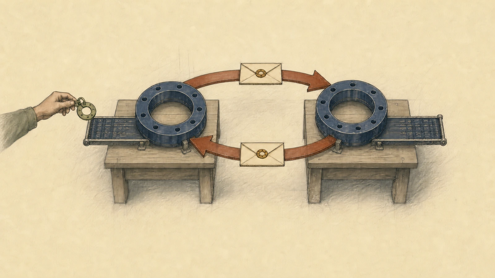 Hand-drawn AF_UNIX reference graph: exactly two navy socket rings exchange one envelope in each direction, forming a closed descriptor cycle, while a separate hand holds an external file reference to the left socket.