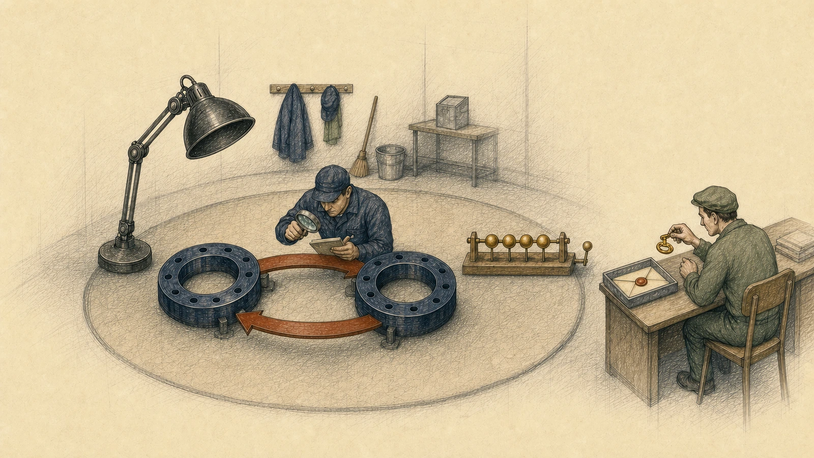 Hand-drawn false-idle rerun: one GC worker inspects a two-socket cycle beneath an unlit lamp while a MSG_PEEK clerk duplicates a handle and a four-bead sequence notifier remains motionless.