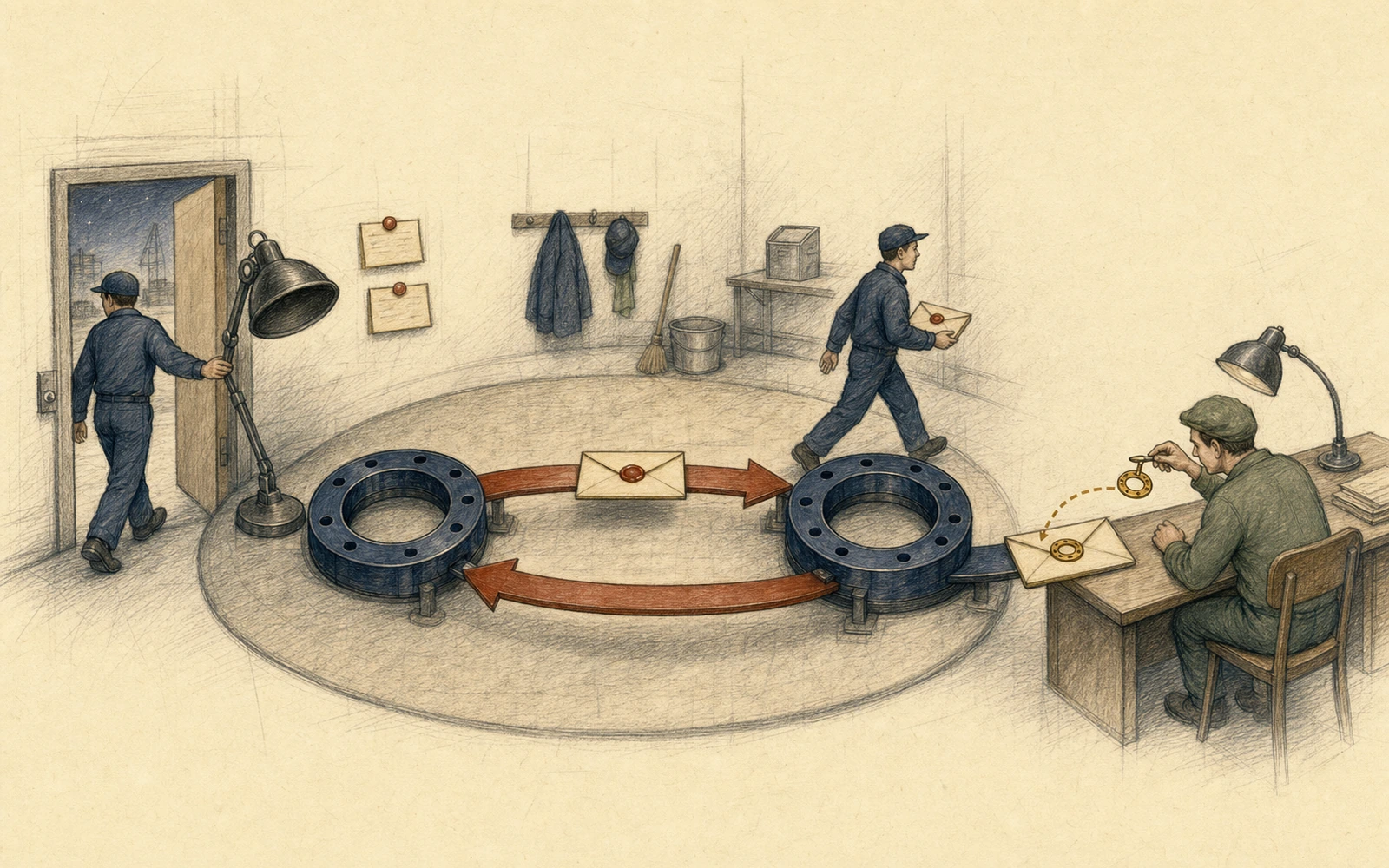 Hand-drawn technical cover: the first AF_UNIX garbage-collection shift leaves and switches off a work lamp while a second queued shift enters the same two-socket cleanup room; a MSG_PEEK clerk duplicates a brass file handle while the original envelope remains on the cycle.