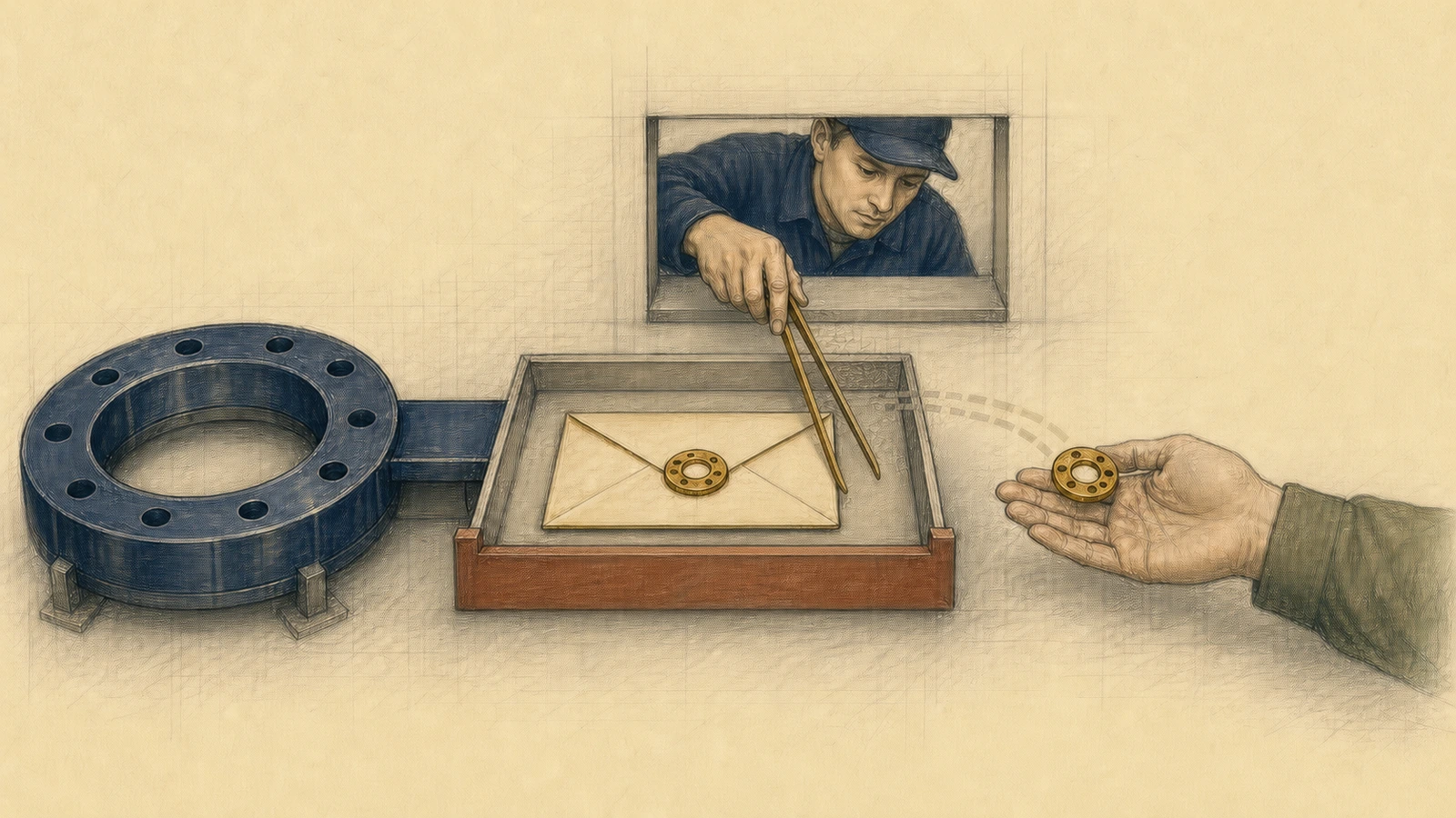 Hand-drawn MSG_PEEK scene: one sealed descriptor envelope remains in an AF_UNIX receive tray with its brass handle, while a reader receives exactly one duplicate handle and the inspecting tongs do not remove the message.