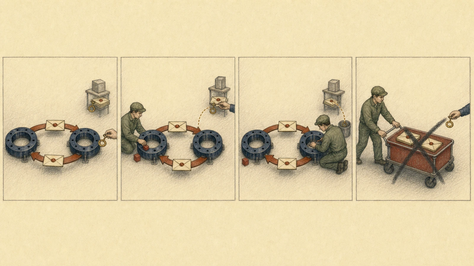 Four-panel hand-drawn SCC decision: GC marks the first socket before a peek duplicates its handle, the second socket loses an outside handle before its later check, and both envelopes are wrongly pushed toward cleanup while the duplicated handle remains alive.