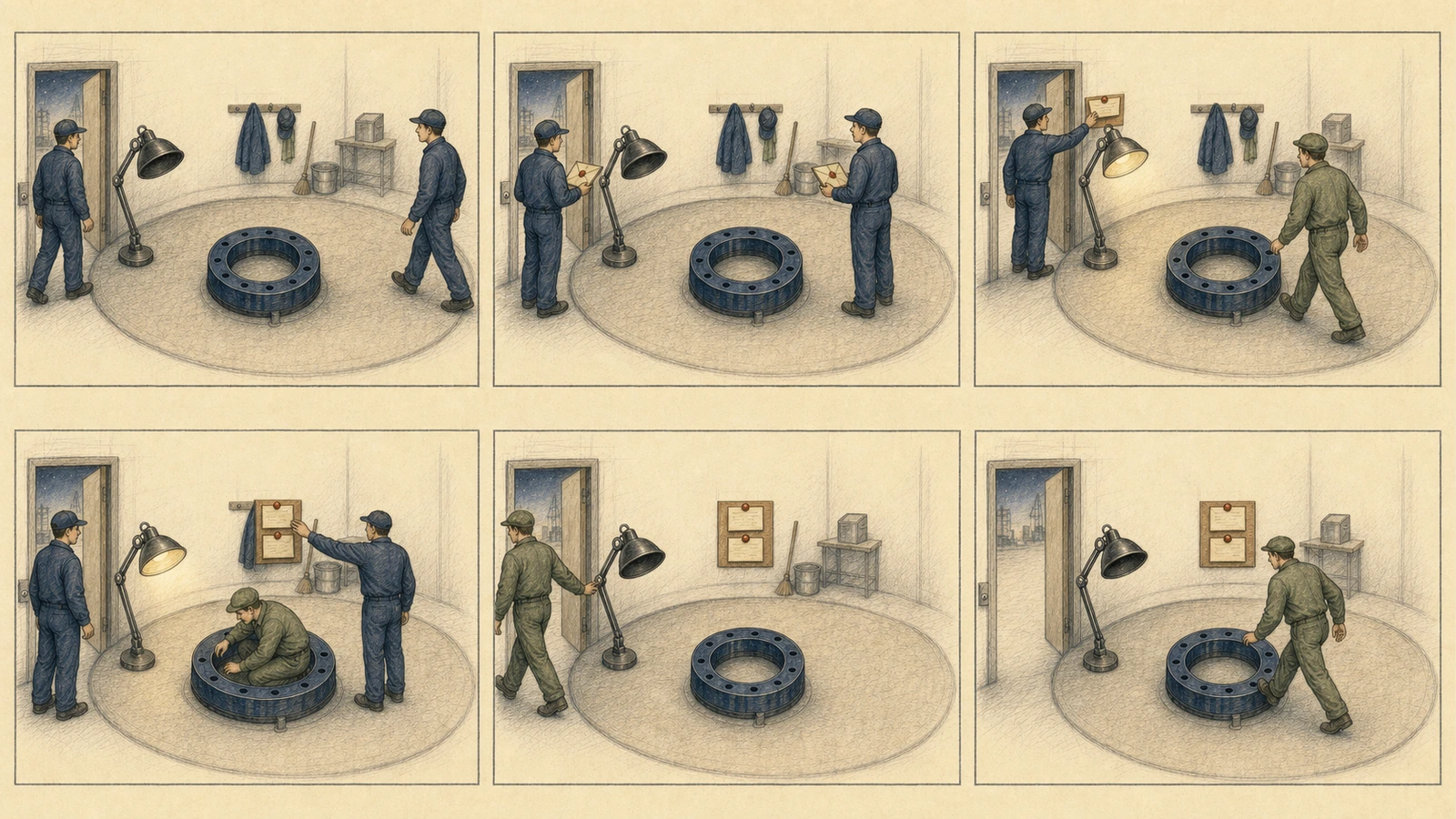 Six-panel hand-drawn schedule: two scheduler workers independently see an unlit GC lamp, post two tickets for one work item, the first collector runs and switches the lamp off, then the queued second run enters while the lamp stays dark.
