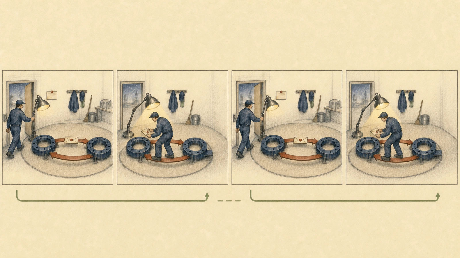 Four-panel hand-drawn repair: the same GC worker switches the lamp on at the start of each of two sequential runs, performs each socket-cycle inspection under light, and the two green activity intervals are separated only by an idle gap.
