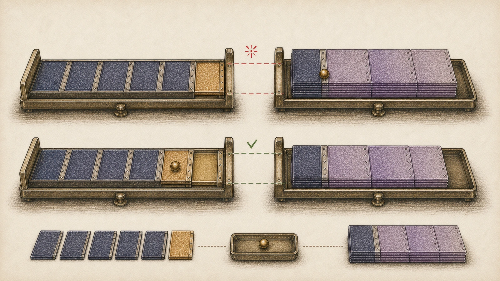 Hand-drawn repair comparison: the vulnerable state counts carry in paged length while copying it into an undersized linear region; the fixed state reserves carry linearly and reduces paged length by the same amount.