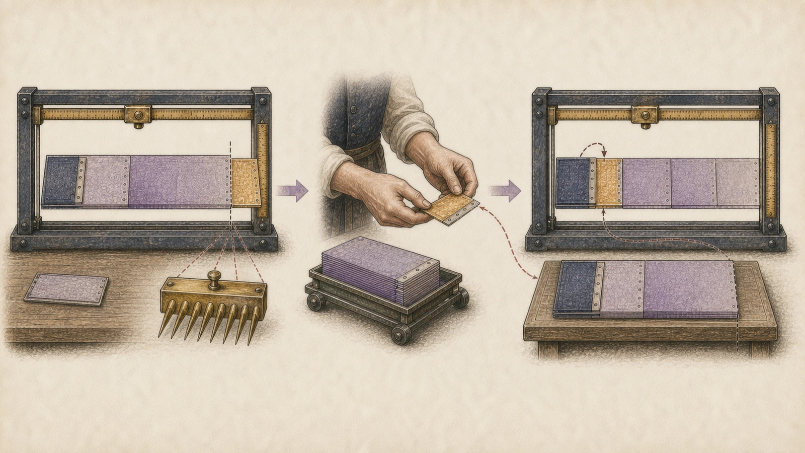 Hand-drawn three-step fragment-gap carry: an eight-tooth alignment comb marks a cut on the old packet frame, careful hands lift the amber overhang, the new frame receives it directly after a navy header, and the old frame is trimmed to the marked line.