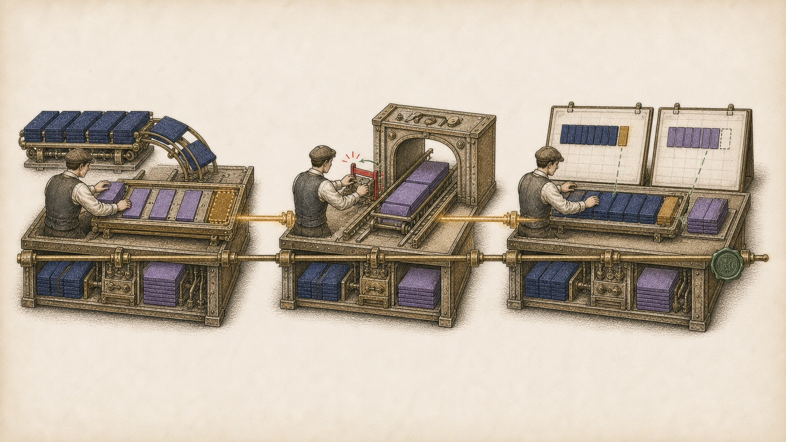 Hand-drawn three-part commit history: the first part creates the paged-allocation split, the second lets the splice-page negative-copy state proceed, and the third moves fraggap into linear reservation and removes the exception.
