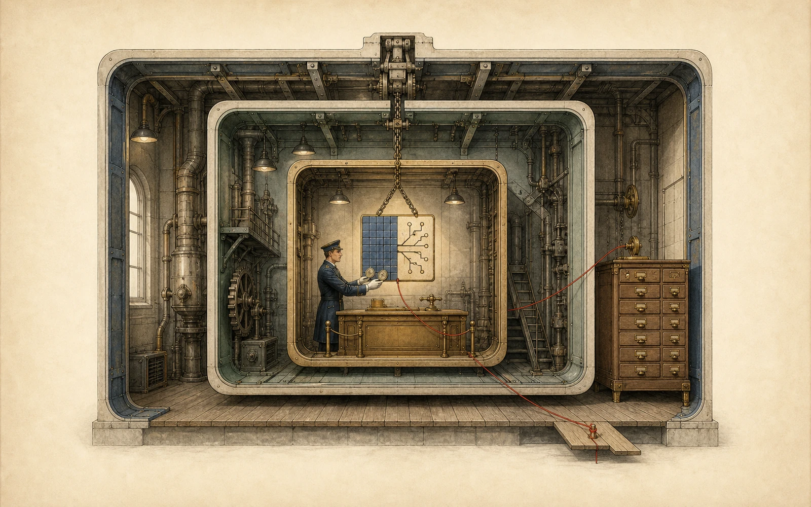 Hand-drawn nested machine rooms frame a suspended split memory panel; an inspector holds two brass tokens while a brick-red reverse-map thread runs from the panel across the room toward a filing cabinet.