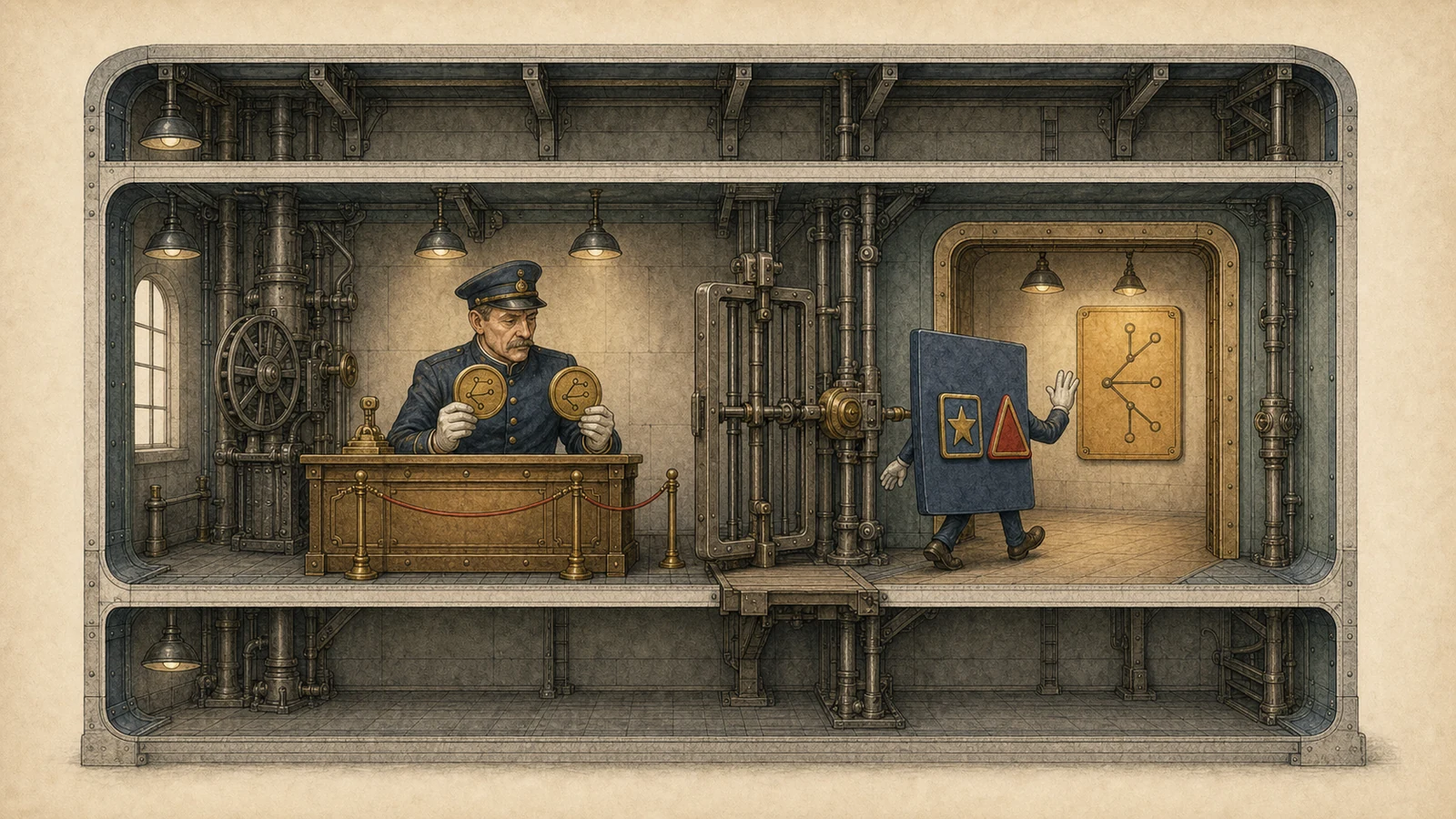 Hand-drawn old gate: a guard overlays two identical brass room-number tokens and admits the visitor, although the visitor's geometric role badge differs from the badge worn by the occupant behind the gate, where both lead to the same shadow page.