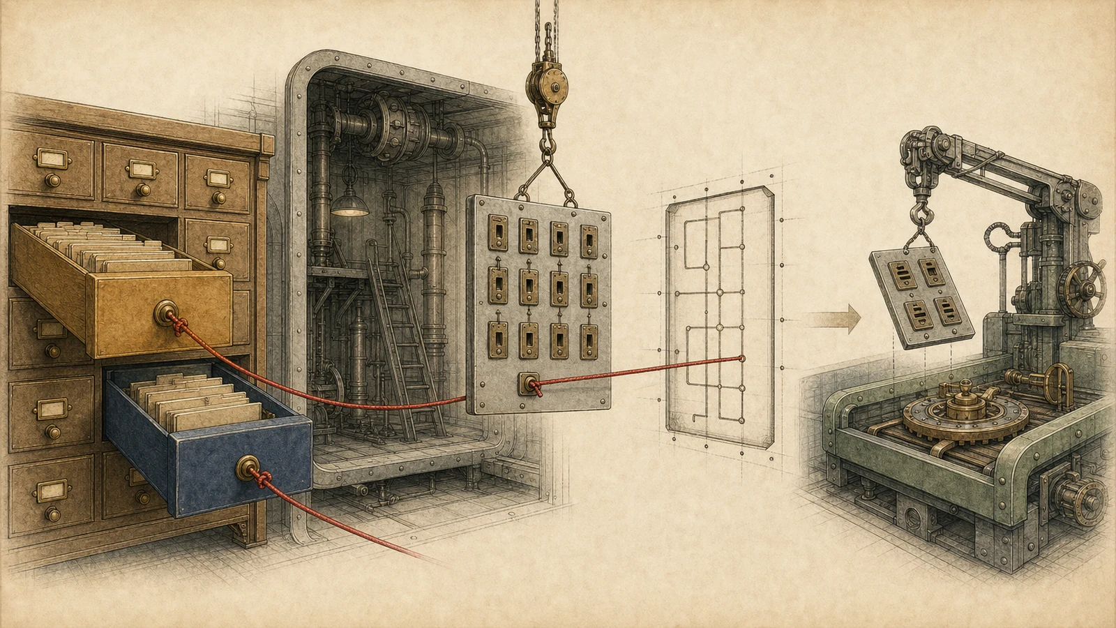 Hand-drawn ledger room: an ocher drawer and a navy drawer retain separate brick-red cords, the upper cord reaches a central mapping board, and a page plate is lifted toward teardown machinery, illustrating two filing paths that no longer meet.