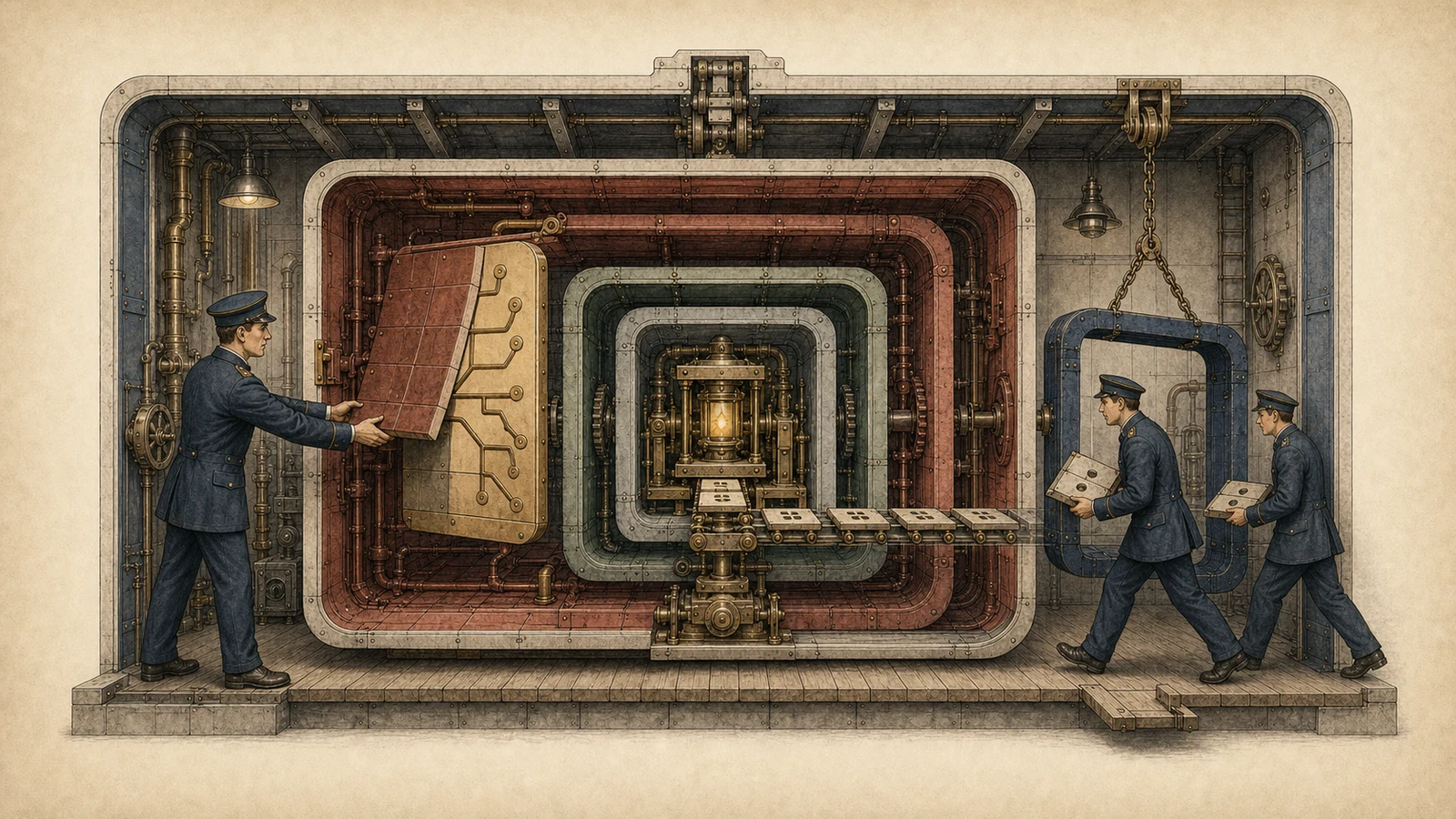 Hand-drawn nested machine room: one worker repositions a large split-role panel while two others carry page-table plates through a blue frame and a central conveyor advances more plates, showing new work overlapping with an older structure still present.