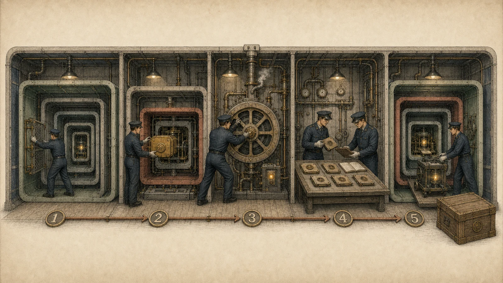 Hand-drawn recovery workbench: operators inventory three-level nodes, close a nesting switch, place a sealed kernel package into the L0 host, light the reboot indicator, inspect the two-identity gate, and return accepted nodes to the scheduling rail.