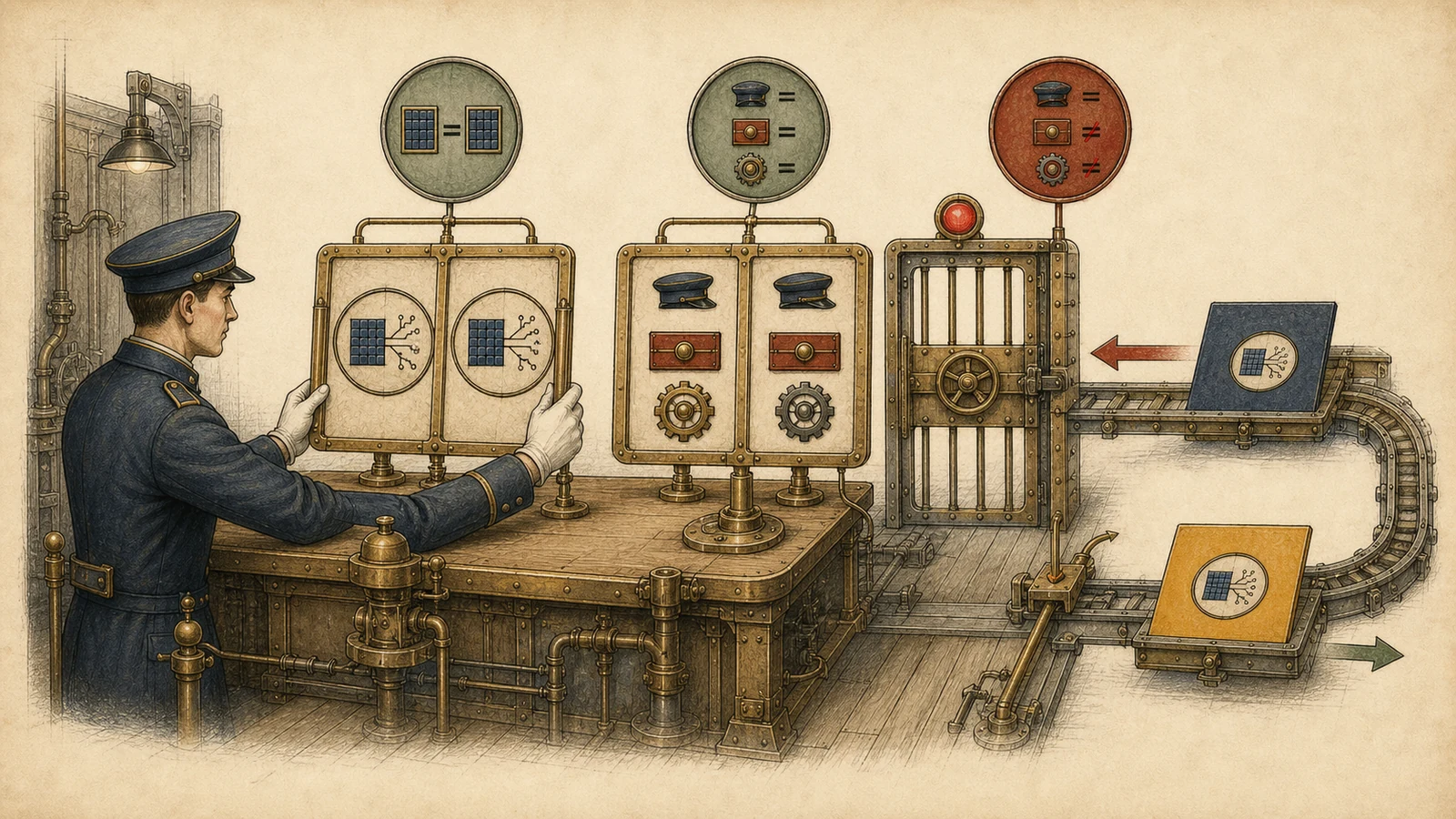 Hand-drawn repaired gate: a guard compares both the brass room-number token and a complete multi-part role badge at a bright workbench; a fully matching visitor follows the existing room, while a different badge is directed toward a newly prepared shadow room.