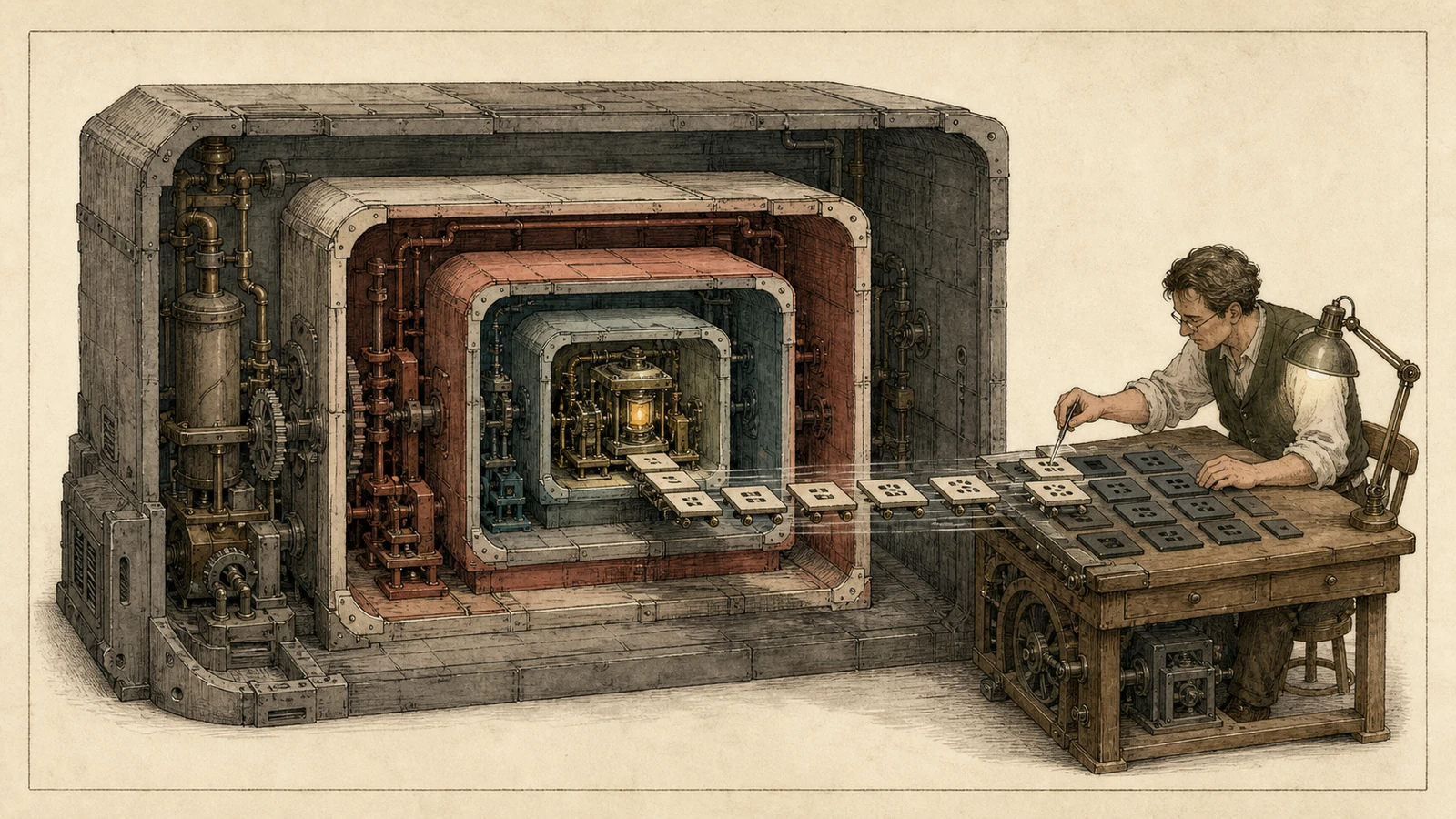Hand-drawn cross section of a three-story machine room: the L0 host owns physical memory on the ground floor, the L1 tenant maintains a nested page table in the middle, and L2 issues an access above; the blue address path returns to an older shadow ledger room at L0.