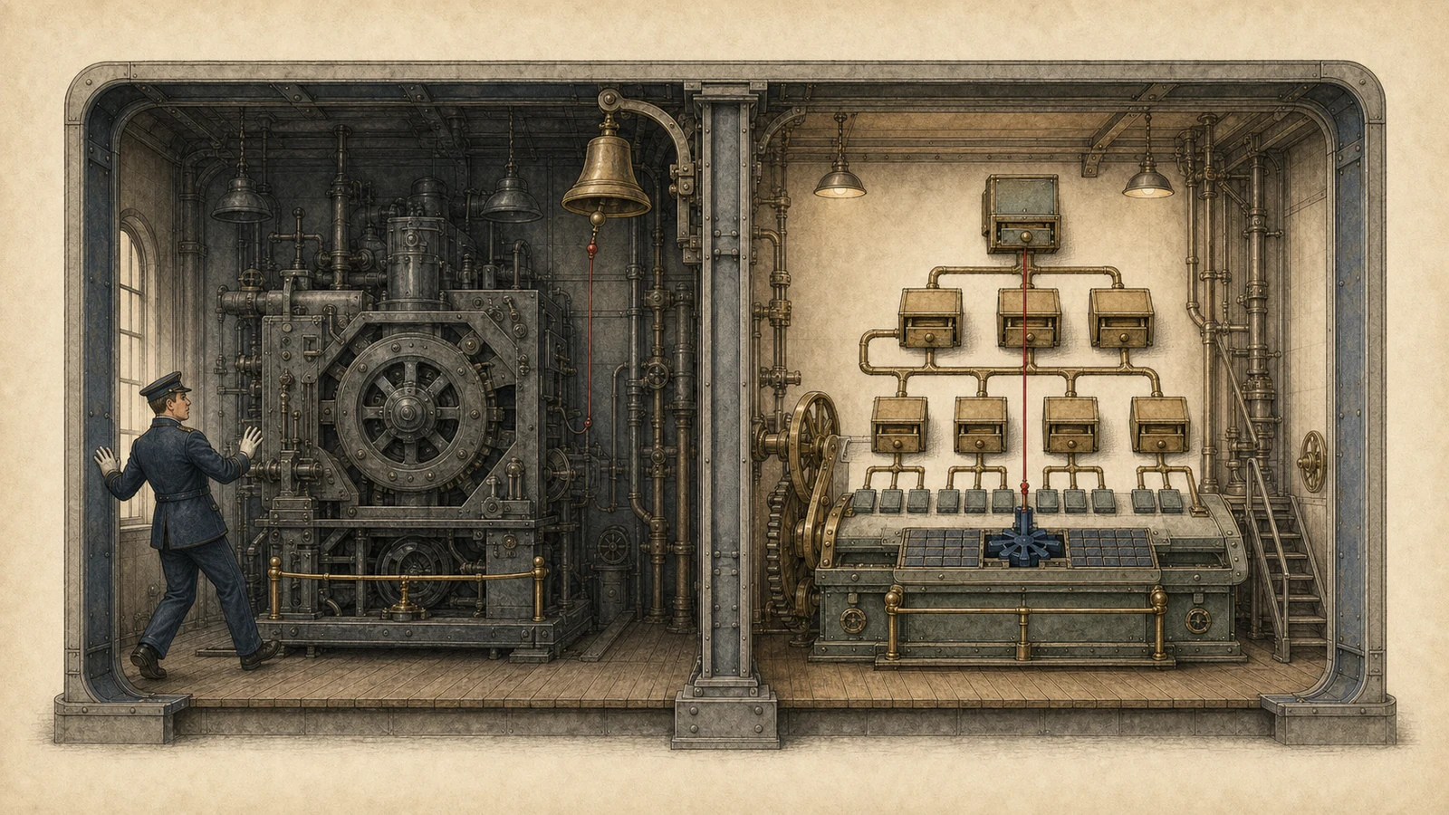 Hand-drawn split outcome: on the left, the red thread strikes a kernel-consistency gate and the host machine room goes dark; on the right, the old room has become another kernel object and an orphaned arm applies one fixed dark stamp whose position may change but whose shape does not.