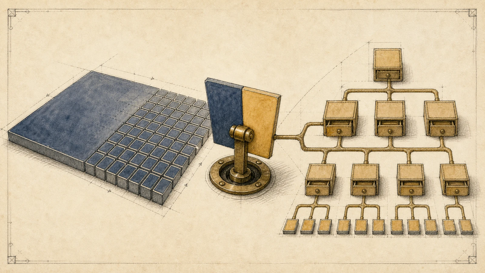 Hand-drawn memory-page workbench: one brass room number is attached to two identities, a consecutive direct huge-page split on one side and an indirect page table pointing to scattered frames on the other, with the two role badges overlapping at the center.