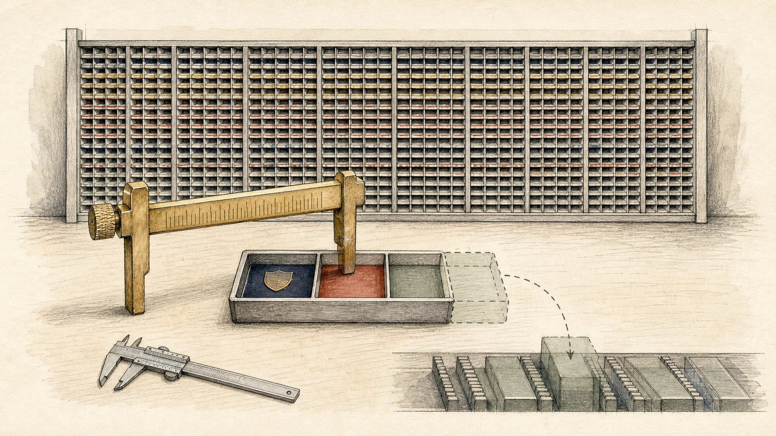 Hand-drawn workbench: a short tray contains only a header and two entries, while a long gauge belongs to the enormous rack behind it; a ghosted next compartment extends over the tray edge toward adjacent host allocations.
