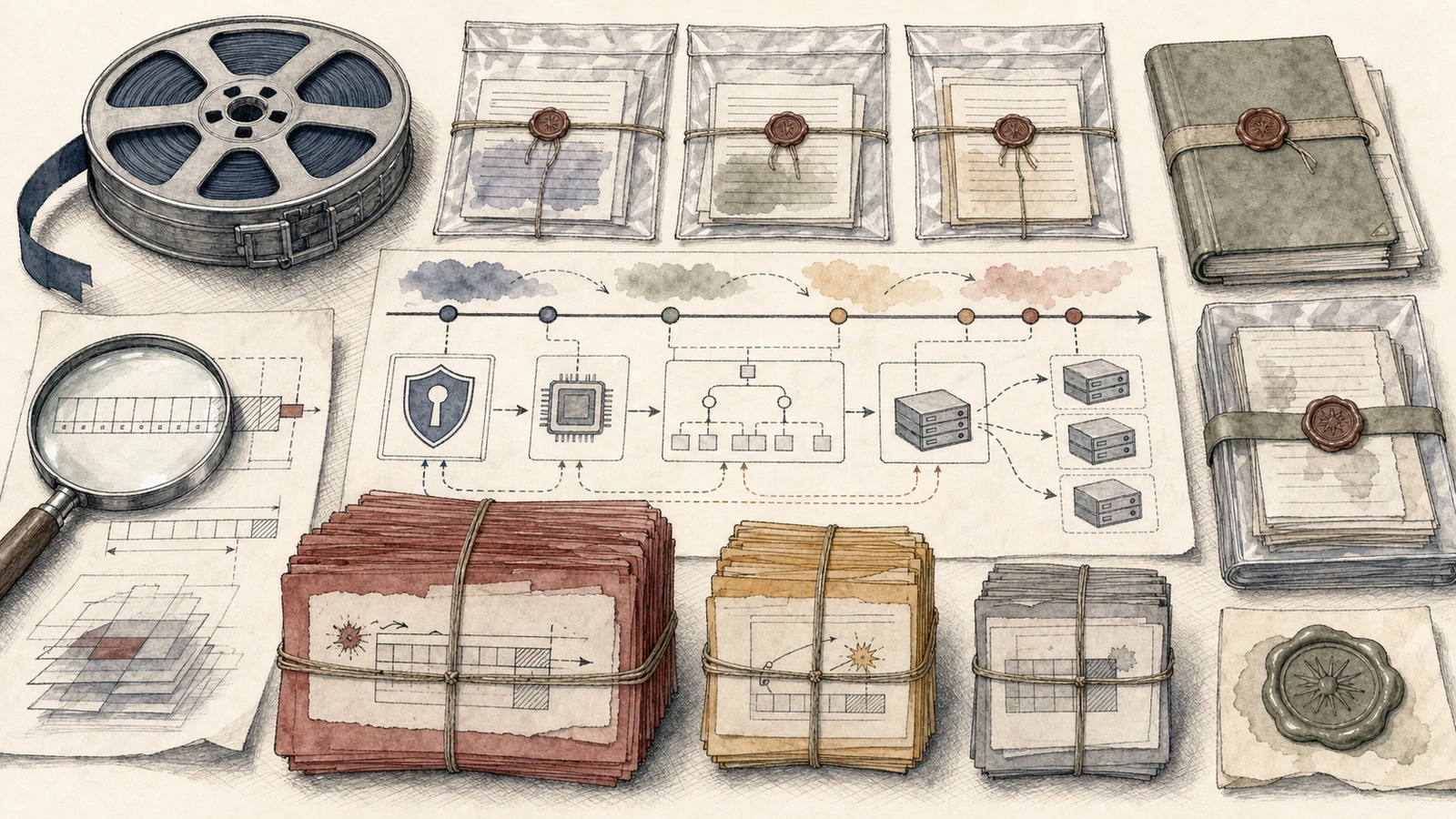 Hand-drawn forensic desk with a crash-dump reel, three differently sized bundles of memory-safety reports, an eight-byte step beyond an allocation under a magnifier, a protected-guest-to-vCPU-to-host migration timeline, and a sealed version ledger.