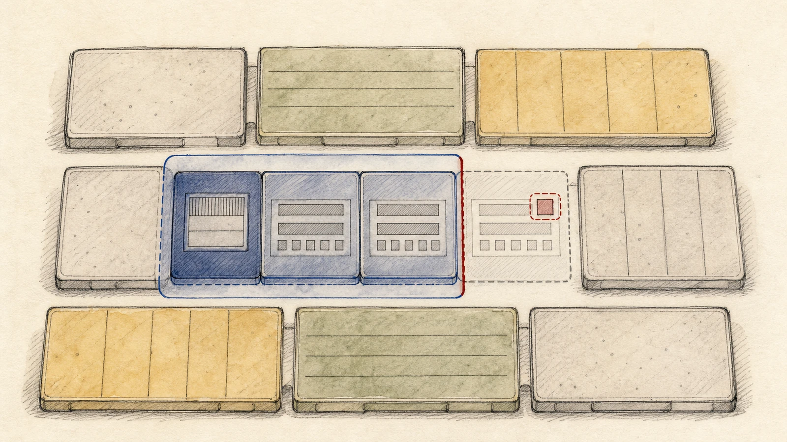 Hand-drawn allocator close-up: a blue object envelope contains exactly the header and two entries; the next ghosted entry begins beyond a red object edge in a neighboring slab, and a small progress stamp touches only a constrained field.
