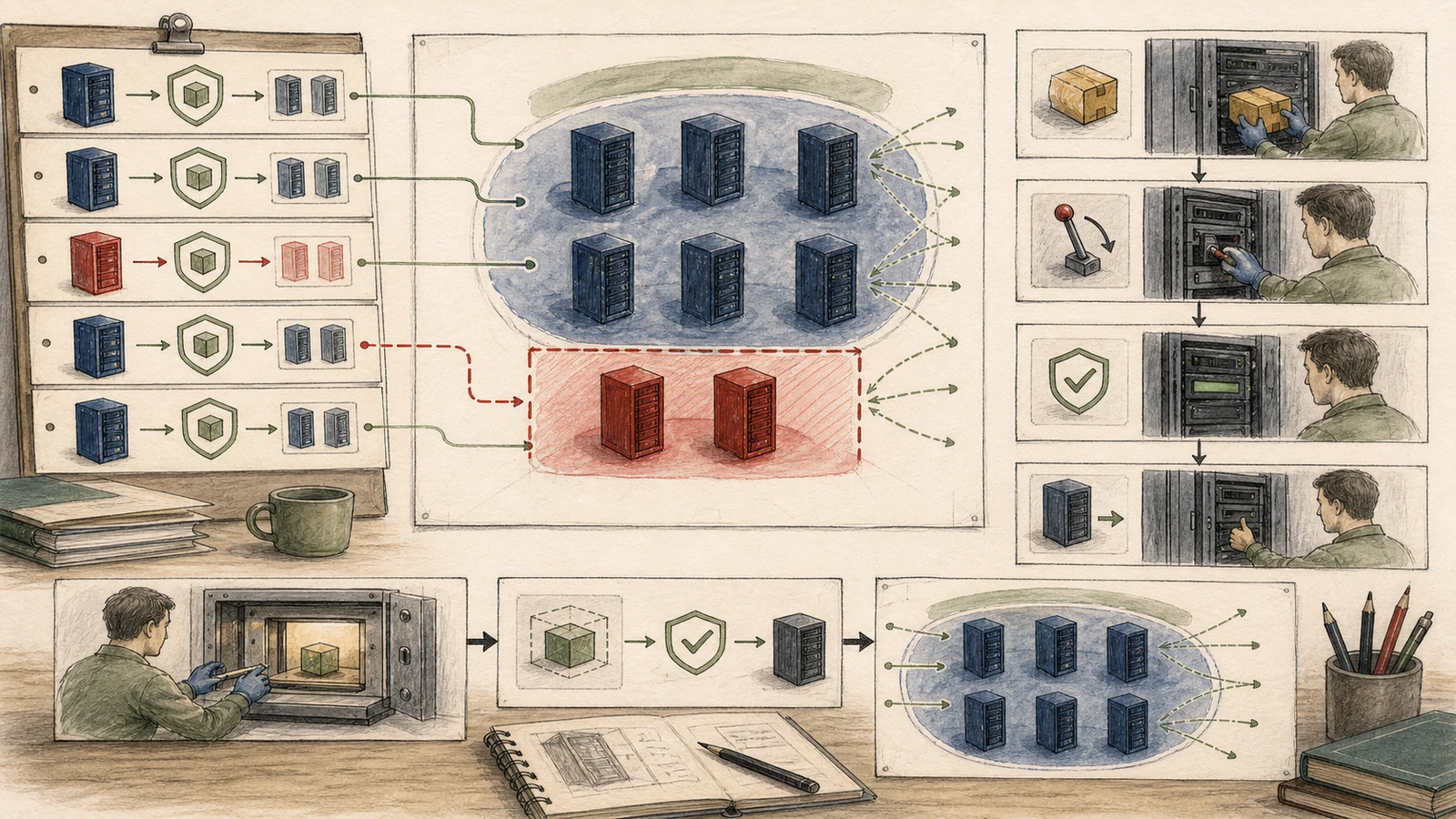 Hand-drawn fleet recovery board: verified navy hosts form a scheduling pool while red unverified hosts are isolated; an engineer installs a kernel, operates a reboot lever, checks a fresh boot seal, tests a protected guest, and only then reopens migration routes.