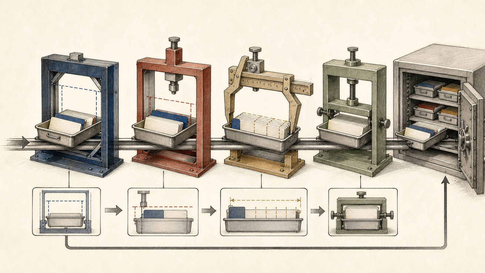 Hand-drawn tray on a rail passes exactly four stations: an in-page location frame, a minimum-header gauge, a caliper sized to the current tray, and a snapshot clamp that holds shared cards steady before host storage.