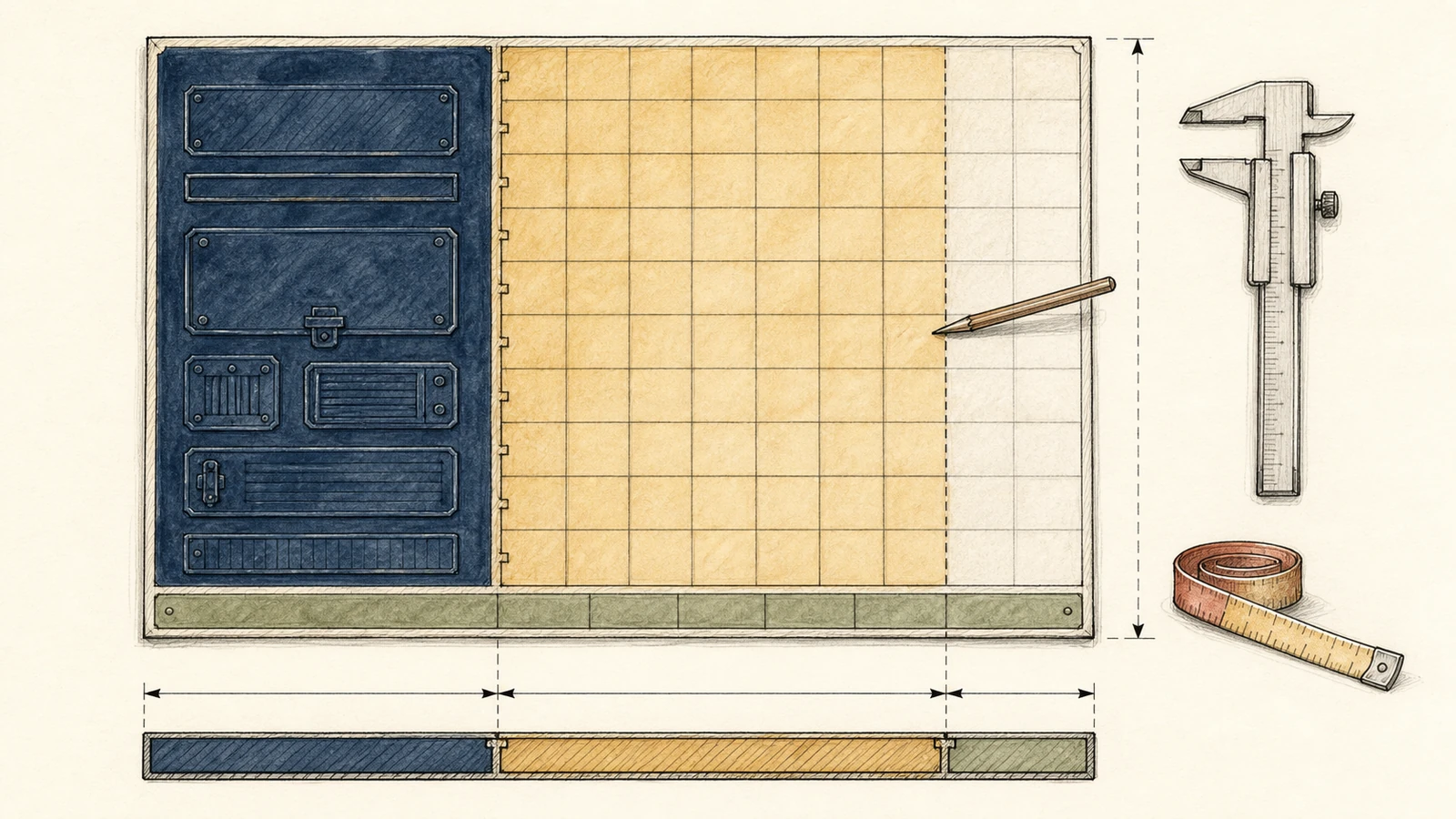 Hand-drawn one-page memory board: a deep-navy fixed control area comes first, an ochre shared work area fills almost the other half, and a thin sage metadata strip closes the page; a caliper and tape show the actual remainder from a scratch point in the middle.