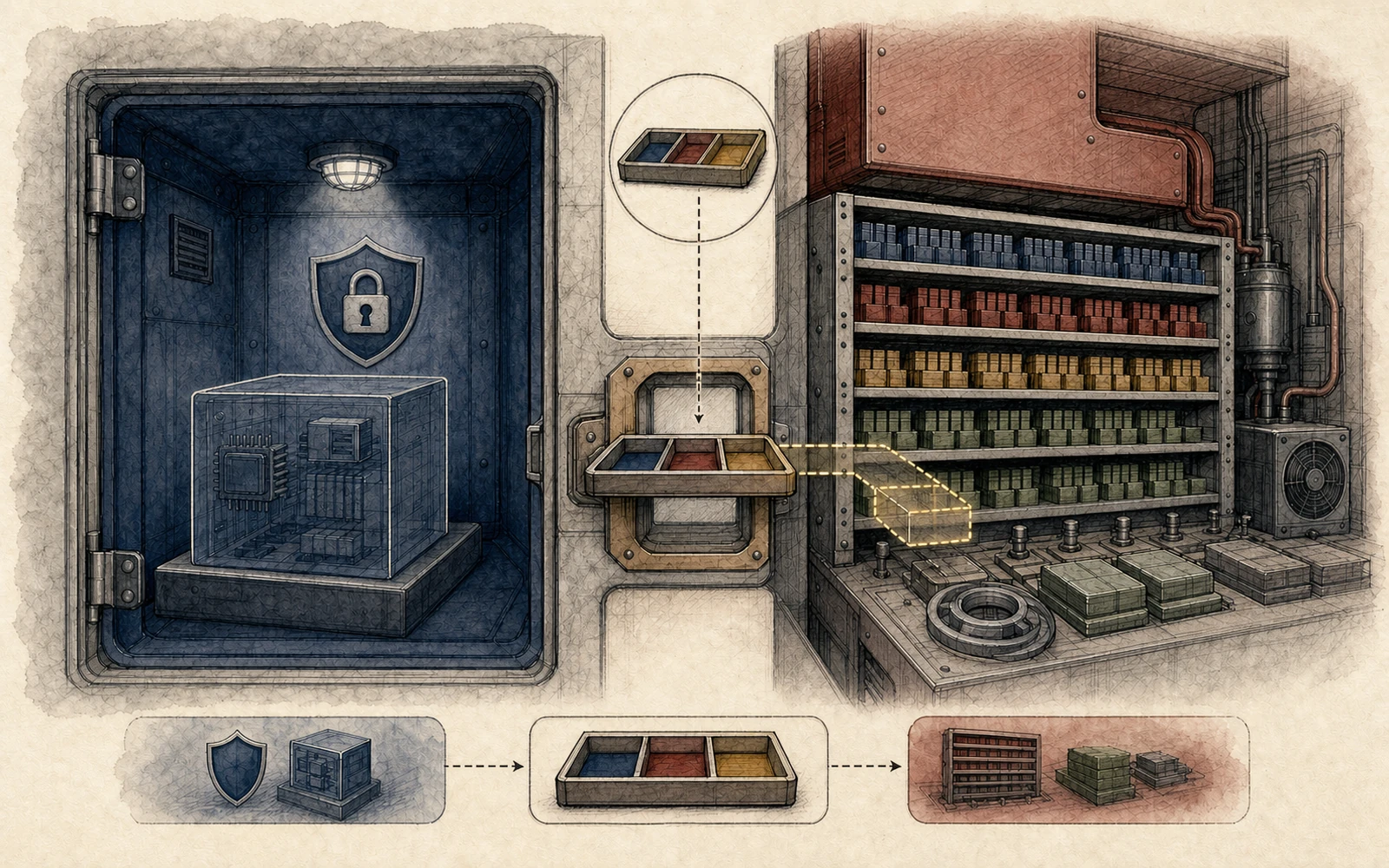 Hand-drawn technical cover: a sealed confidential guest passes a short three-compartment tray through a one-page shared service hatch; the KVM host has a long allocator shelf, and a ghosted compartment extends beyond the tray toward neighboring host objects.