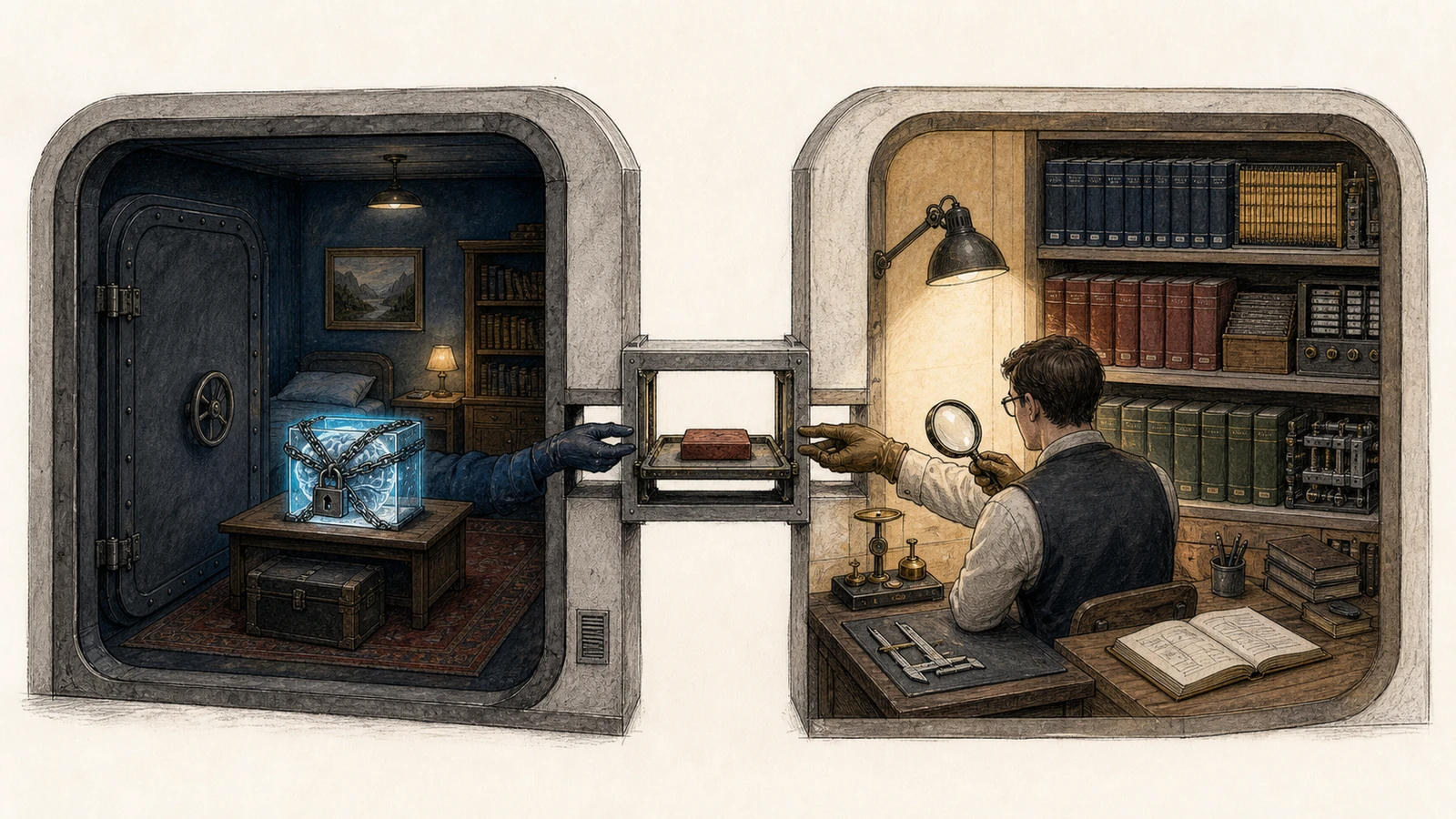 Hand-drawn cutaway: private memory remains sealed inside the deep-navy confidential guest; a one-page shared service hatch sits in the center; on the host side an engineer measures the tray before approaching organized kernel-object shelves.