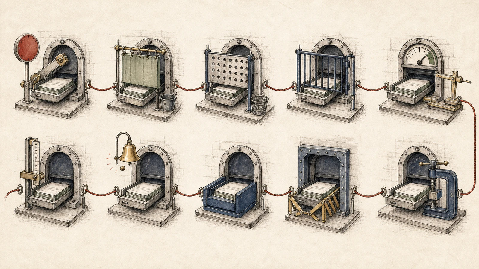 Hand-drawn repair shop with exactly ten bays in two rows of five; distinct gates, filters, gauges, warning bell, tray holder, and snapshot clamp are connected by one red cord around the shared service hatch.
