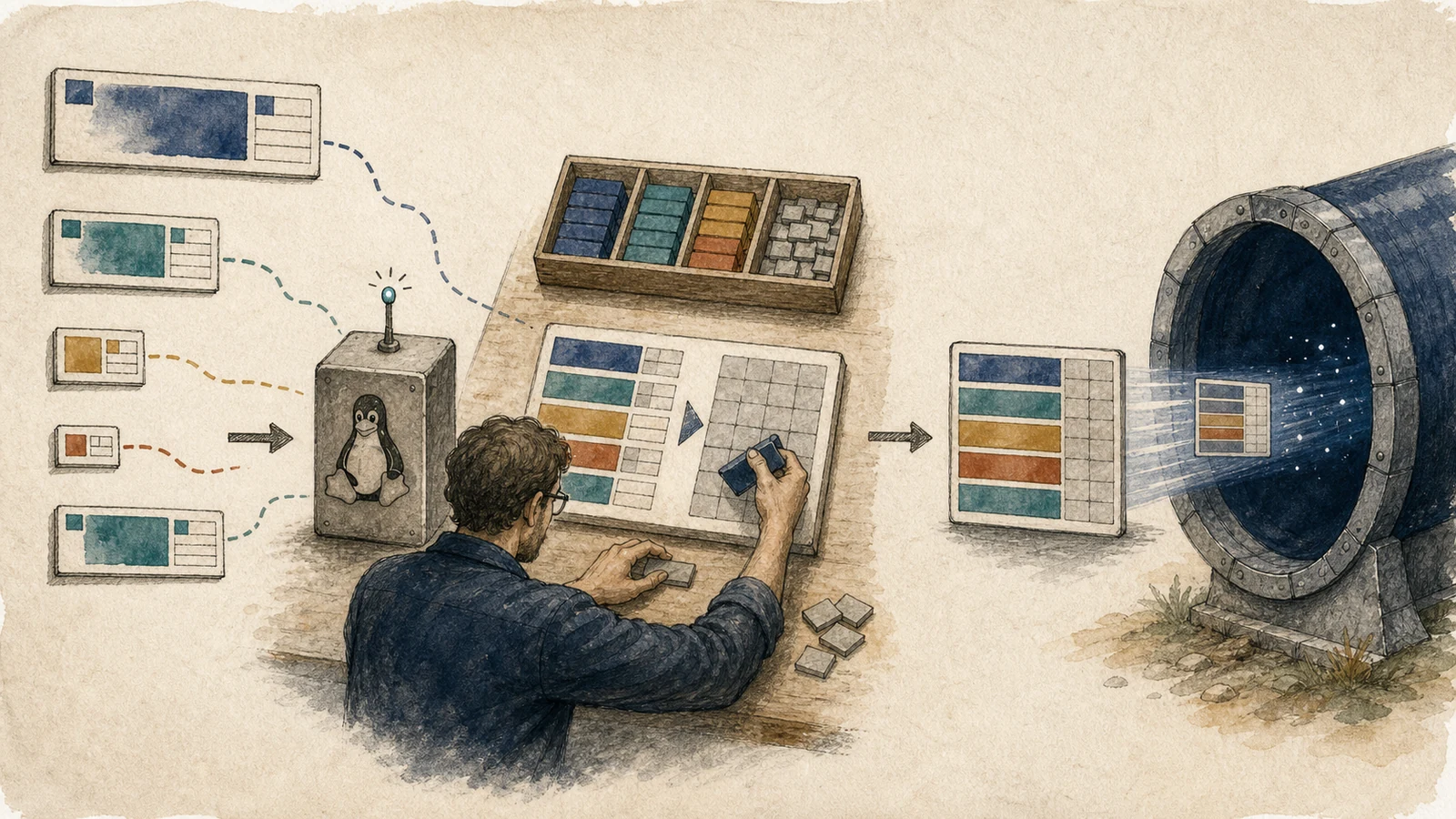 A hand-drawn workbench arranges inner packets with different sizes and rhythms into one padded IP-TFS envelope before sending it into an ESP tunnel.